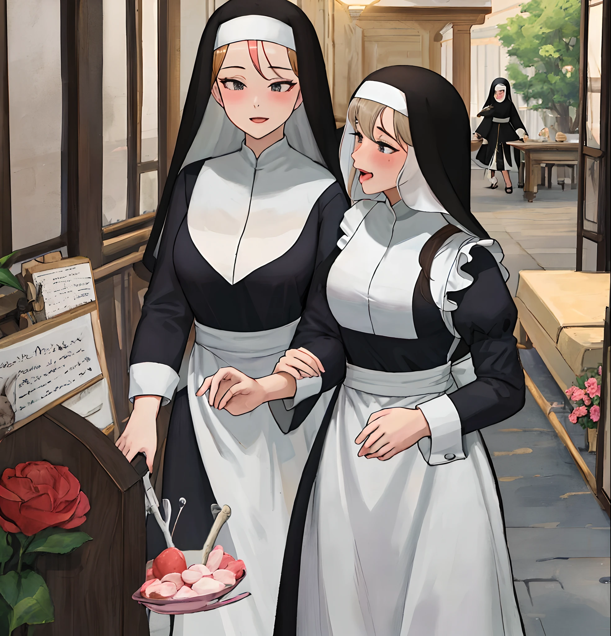 masterpiece, best quality, spread , day, female pervert, harem, mature female, 3girls, nun, maid, harem, ahegao,
