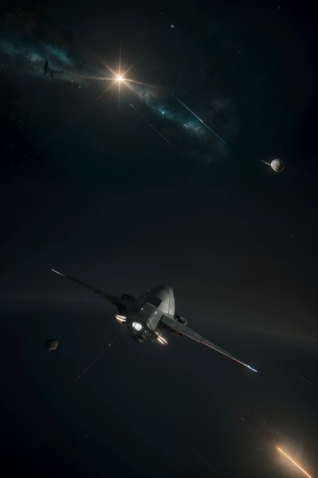 Photo of a futuristic spaceship hurtling through an asteroid cluster heading for an unknown green planet, with a distant binary star in the background, In the immensity of outer space, 8k ultra-realista e detalhado, estilo paisagem