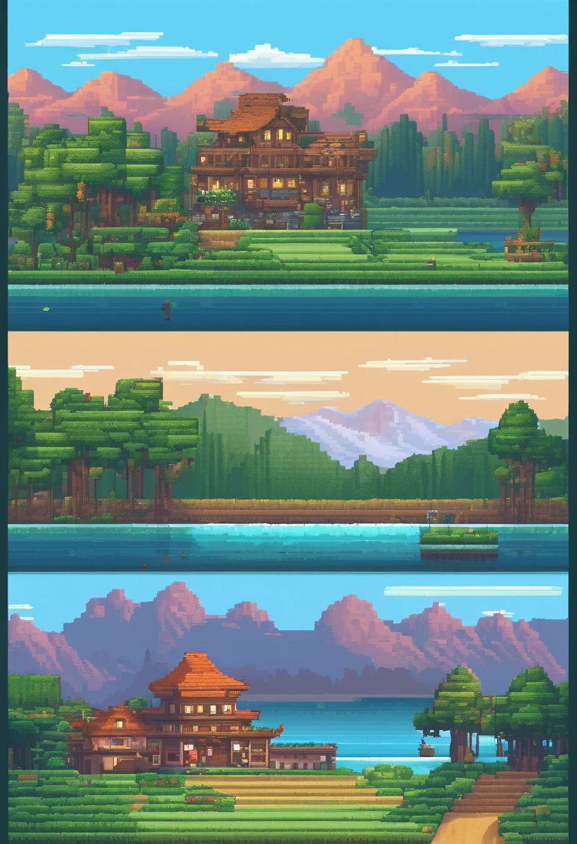 landscape, water, (highly detailed pixel unity 8k wallpapers), house, painting art on the most beautiful pixel artworks, professional, complex, highly detailed, sharp definition, monumental pixel paintings, Dramatic, realistic drawing