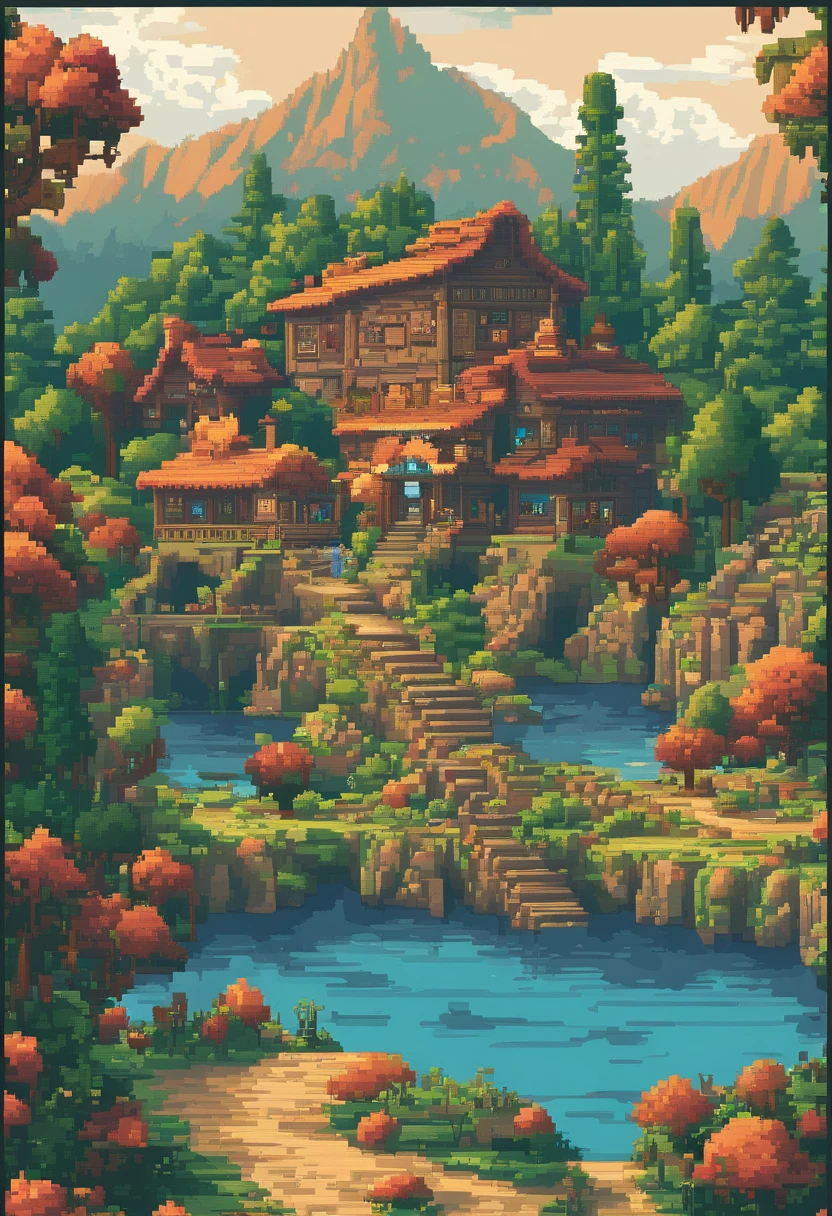 landscape, water, (highly detailed pixel unity 8k wallpapers), house, painting art on the most beautiful pixel artworks, professional, complex, highly detailed, sharp definition, monumental pixel paintings, Dramatic, realistic drawing