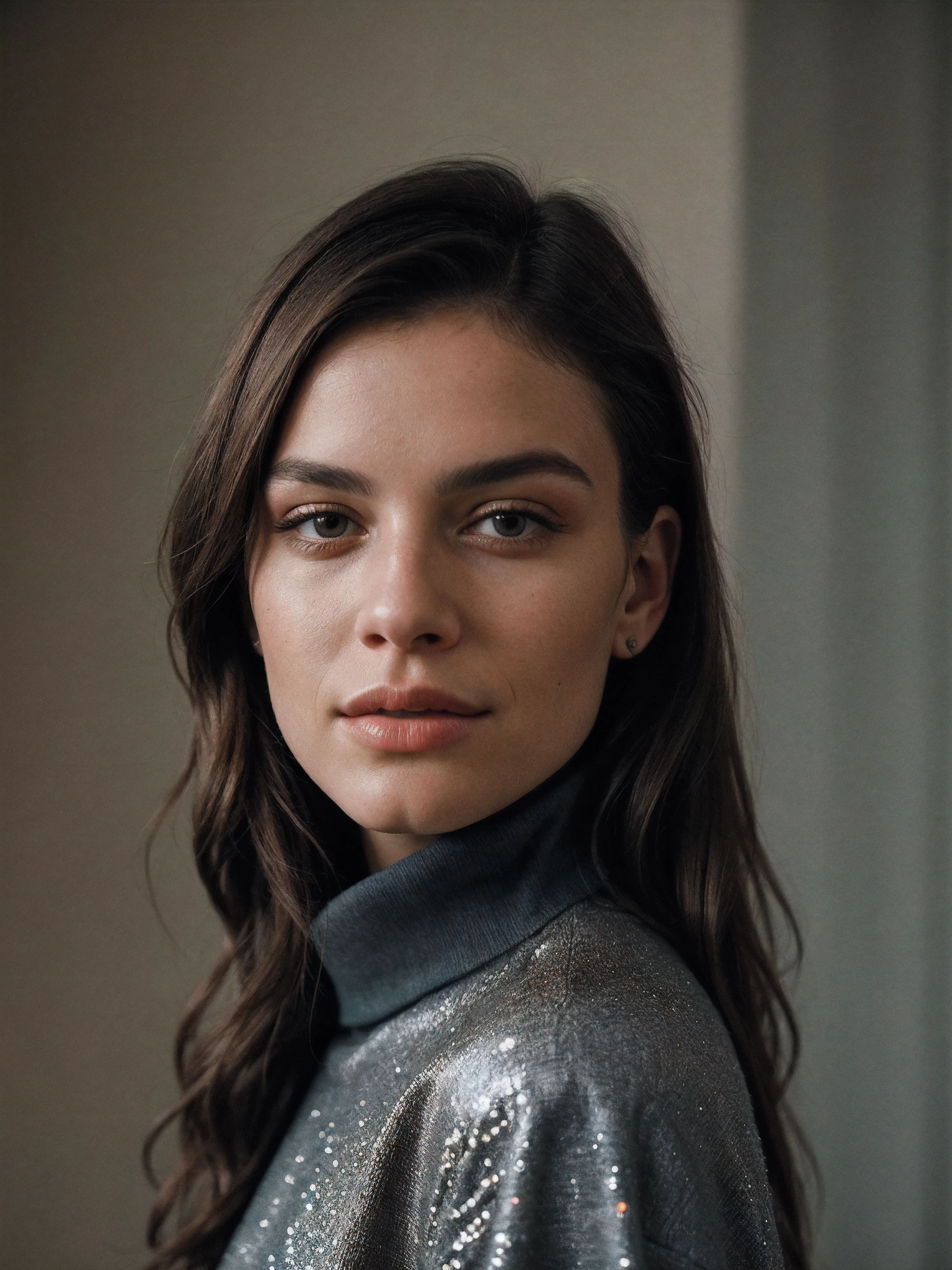 Portrait, cool looking fashion model, glamour fashion event, (Koh_BobbiStarr:0.99), closeup, wearing turtleneck uniform, intricate detail, dim lighting, detailed background, detailed clothes, shiny glossy skin, subsurface scattering, glitter, Nikon D850 film stock photograph Kodak Portra 400 camera f1.6 lens, rich colors, lifelike texture, dramatic lighting, unreal engine, trending on ArtStation, cinestill 800 tungsten, modest clothing, SFW