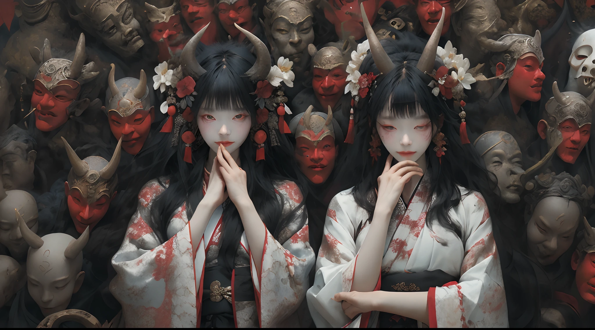 (Masterpiece:1.2), Best quality,Pisif,Chinese horror,Ghosts,
Black hair, Ancient clothes, Hanfu,1girll, hair adornments, Horns, Sitting, flower, Ancient clothes,Red eyes, hair flower, Earrings, long whitr hair, haori, jewelry, Own hands together, nipple tassels, Wide sleeves, Red eyes, Closed mouth, Long sleeves, Hanfu, Black period costume,bangs, Smile