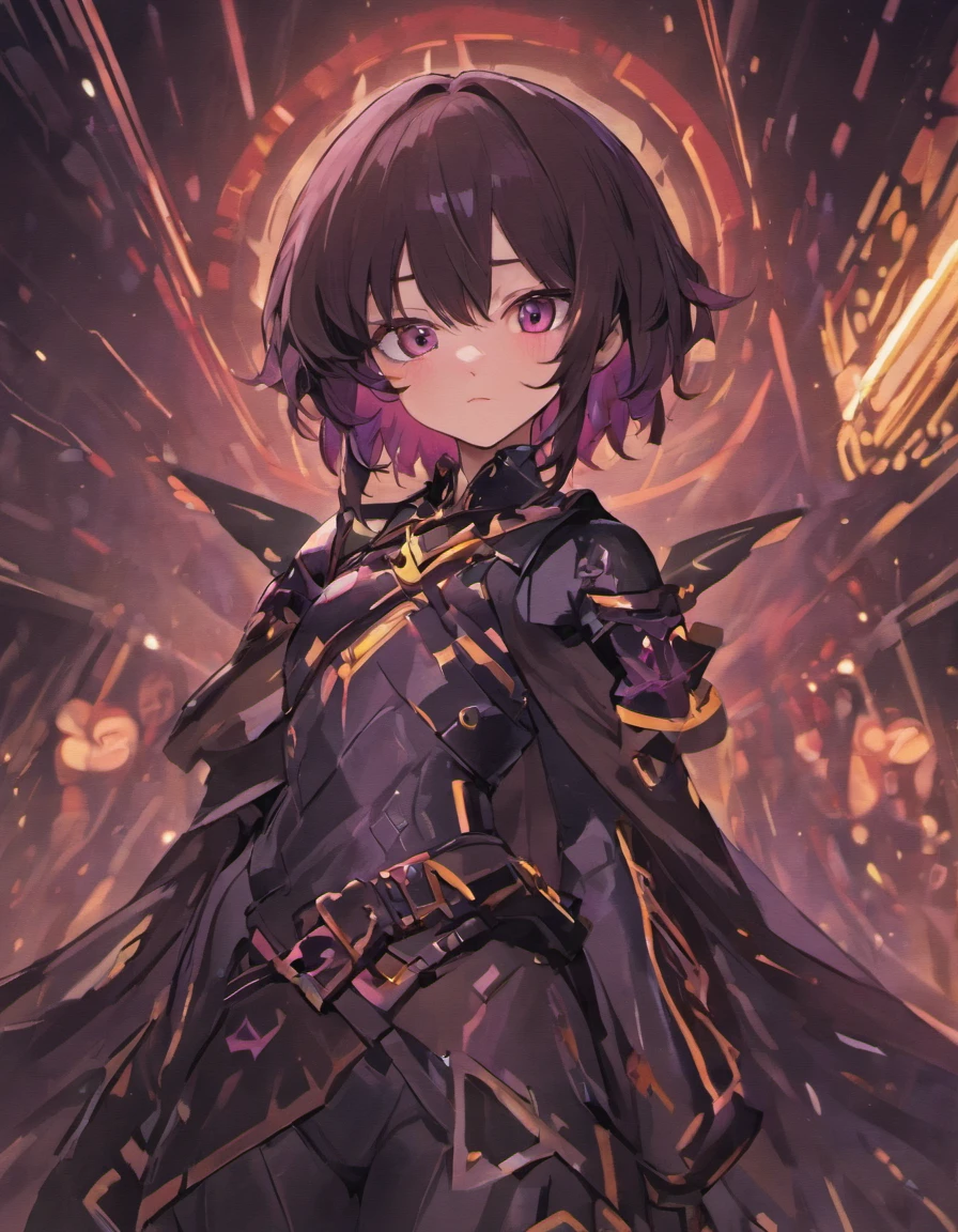 um close up de uma pessoa com uma roupa preta com cabelo roxo, uma captura de tela por Kanbun Master, Tumblr, Vanitas, armadura brilhante preta, Armadura refletida cor de fogo preta, usando armadura preta, Uniforme blindado preto, armadura preta, armadura pesada preta, Armadura preta, armadura escura, usando uma armadura escura, armadura preta afiada, armadura de sombra, camisa preta por baixo da armadura