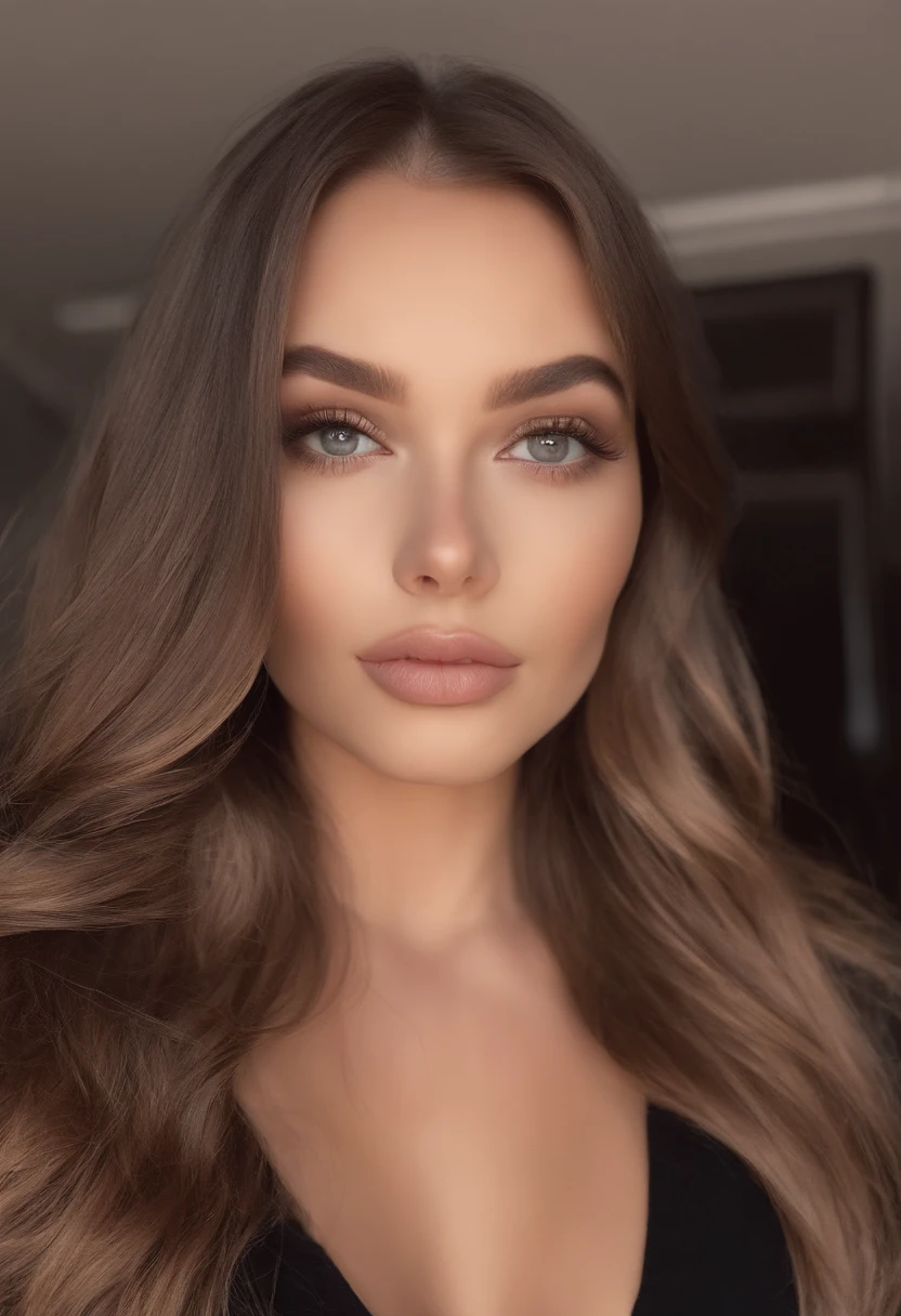 arafed woman with black clothes, sexy girl with brown eyes, portrait sophie mudd, brown hair and large eyes, selfie of a young woman, bedroom eyes, violet myers, without makeup, natural makeup, looking directly at the camera, face with artgram, subtle makeup, stunning full body shot, in bedroom, cleavage