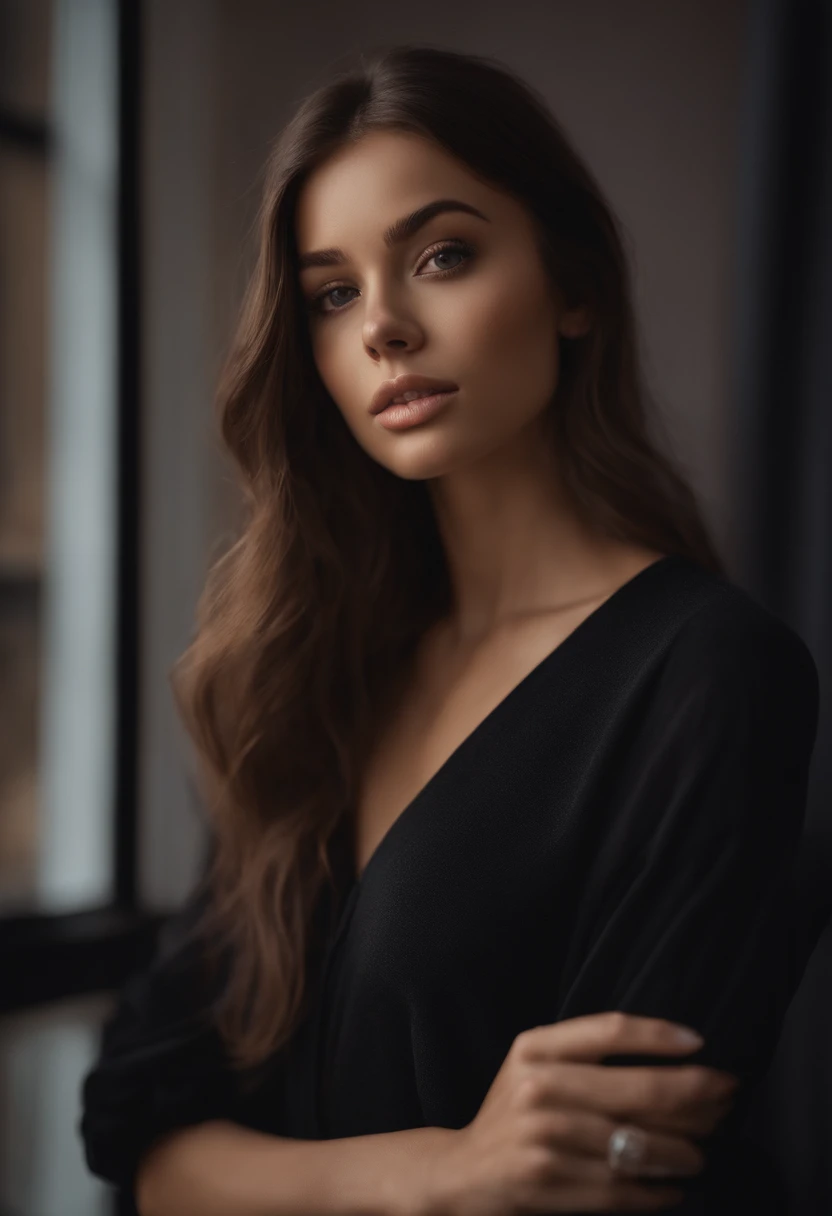 arafed woman with black clothes, sexy girl with brown eyes, portrait sophie mudd, brown hair and large eyes, selfie of a young woman, bedroom eyes, violet myers, without makeup, natural makeup, looking directly at the camera, face with artgram, subtle makeup, stunning full body shot, in bedroom, cleavage