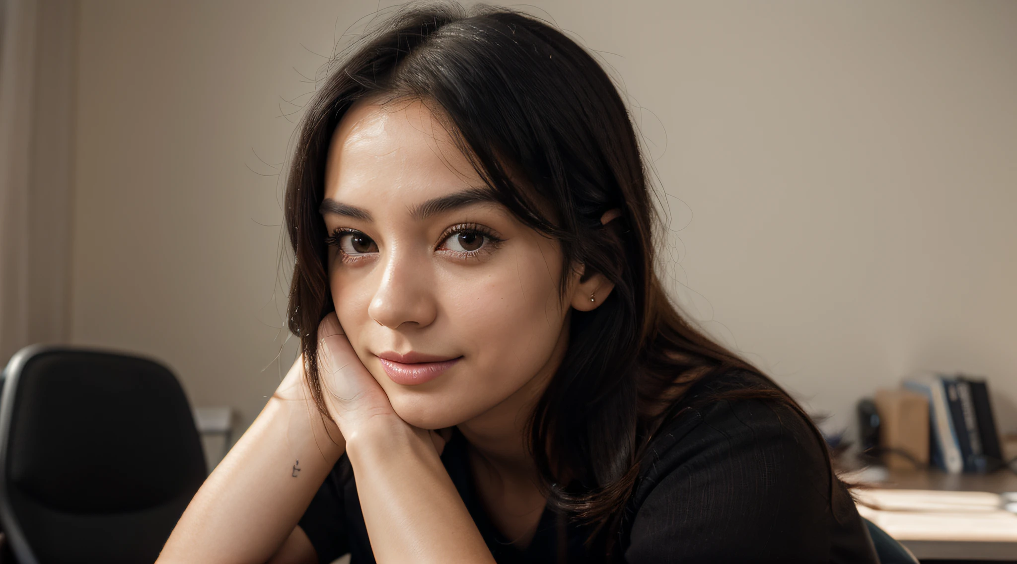 portrait of a cute influencer ,sitting straight and correctly on a desktop , facing viewer , super detailed , black hair,  long eyelashes, solid circle eyes, small nose , light smile, facing viewer, drop shadow, 8k, super detail, best quality, 1080P, 1080P, 1080P, 4K, 8k, 16k, HD, 1080P
