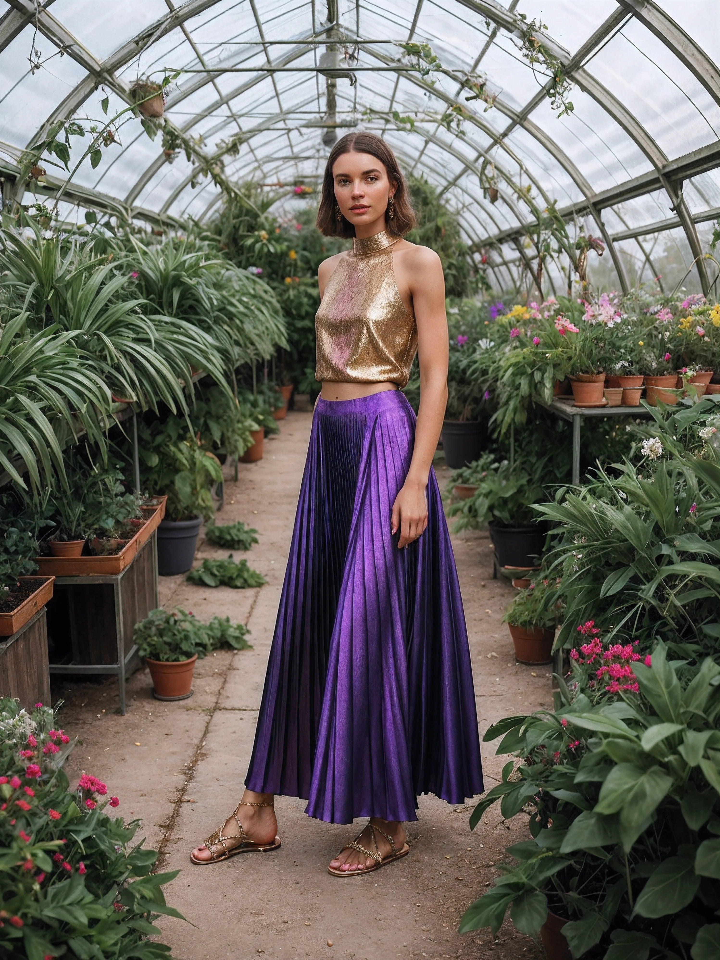 A stunning intricate full color portrait of a woman wearing a Pleated metallic maxi skirt, silk tank top, and metallic sandals , Extravagant, flower-filled greenhouse , epic character composition,by ilya kuvshinov, alessio albi, nina masic,sharp focus, natural lighting, subsurface scattering, Canon EOS R5, film grain, very detailed skin texture