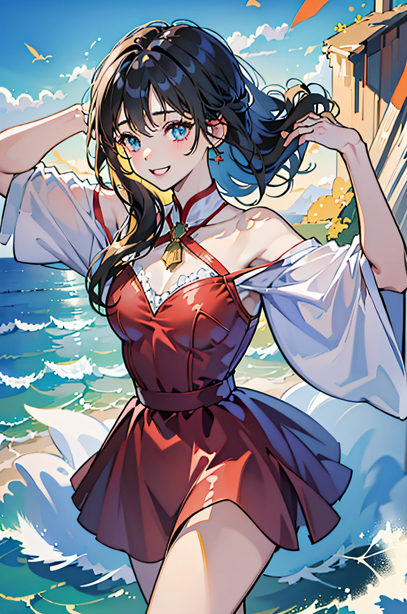 (in 8K、top-quality、masterpiece:1.2)、1人の女性、(Smiling smile:1.1)、beautidful eyes、Valley、The upper part of the body、shorth hair、Like a boy、Colossal tits、Blue View、