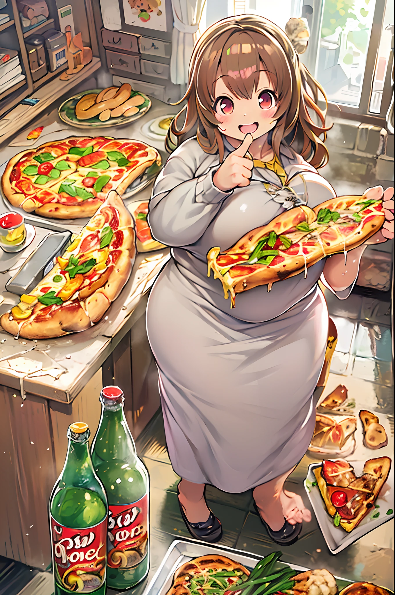 masutepiece, Best Quality, 1人、huge-breasted、bbw、Holding (Giant pizza slices)1.5、Thumbs up、huge smile、Plastic bottles of cola、