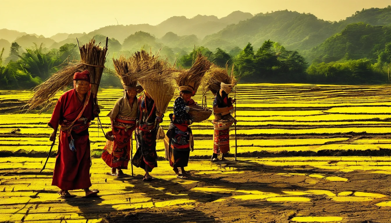 Daddy is a Zhuang farmer,A busy day in the fields,And the moon in heaven has risen,Carrying the hoe back to the house made of yellow clay。