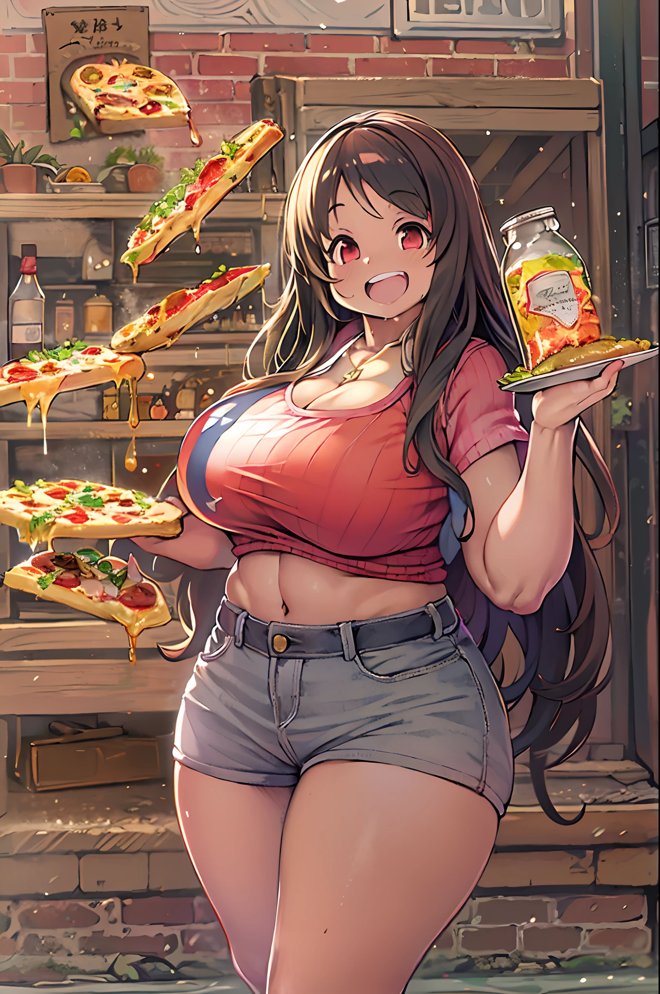 masutepiece, Best Quality, 1人、huge-breasted、bbw、Holding (Giant pizza slices)1.5、Thumbs up、huge smile、Plastic bottles of cola、