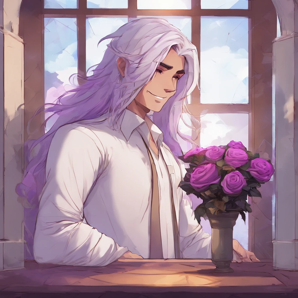 comfortable smile,man,be looking straight ahead,solo,long white&purple hair, purple eyes, white shirt, upper body, holding mauve roses, fantasy beautifully lit window,man,male,boy,masterpiece