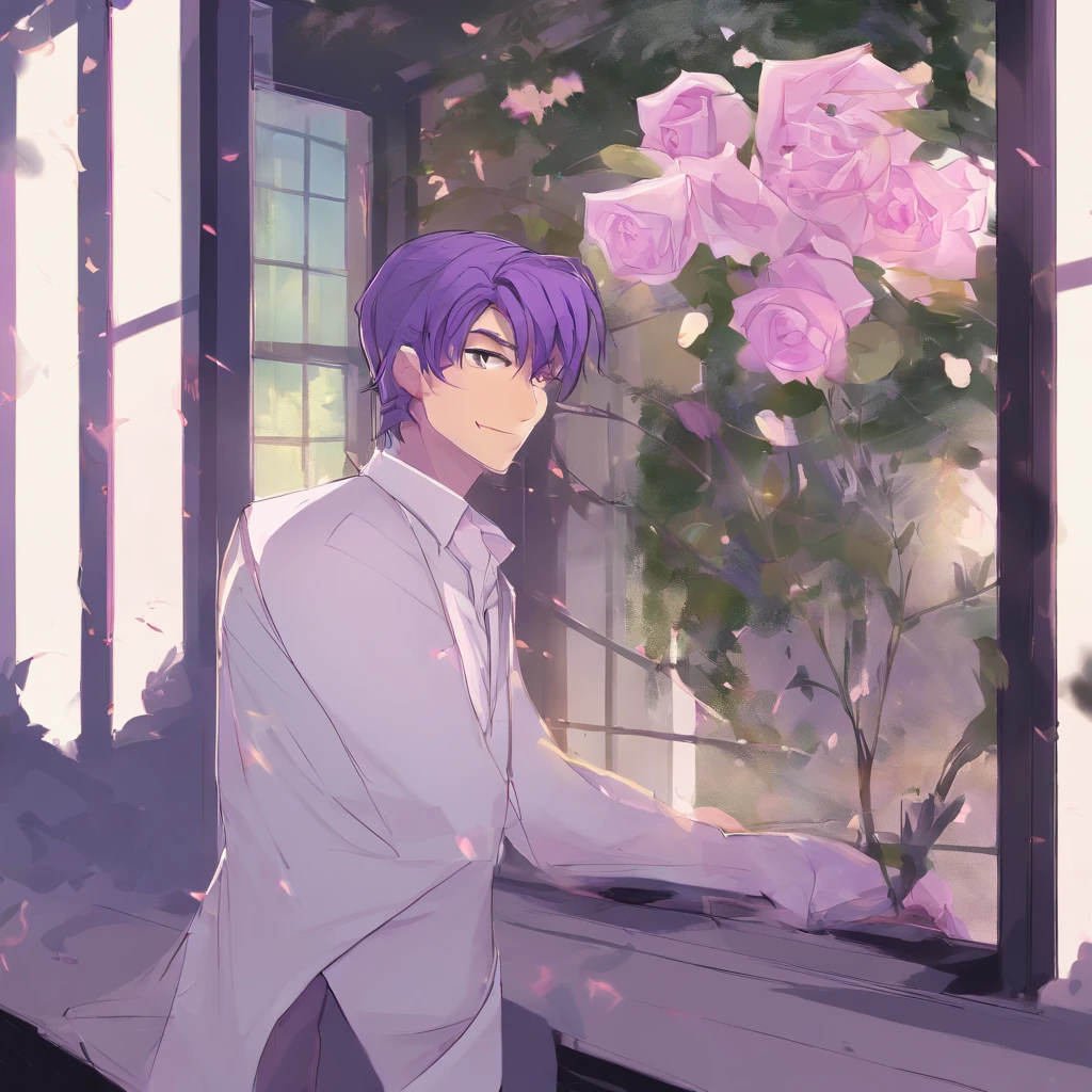 comfortable smile,man,be looking straight ahead,solo,long white&purple hair, purple eyes, white shirt, upper body, holding mauve roses, fantasy beautifully lit window,man,male,boy,masterpiece