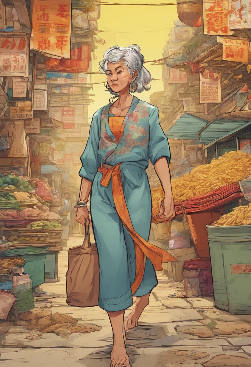 A Vietnamese woman in her 60s who is a noodles seller, with salt-and-pepper hair, a thin figure. She is wearing casual clothes in warm colors, and is 1.6 meters tall. Her figure and face show clear signs of difficult personality. has a fierce temper, and always curses others She is wearing golden bracelets. cartoon art. in front view, half-quarter view and exact rear view. true body scale. she is angry and staring at someone. using comic effect