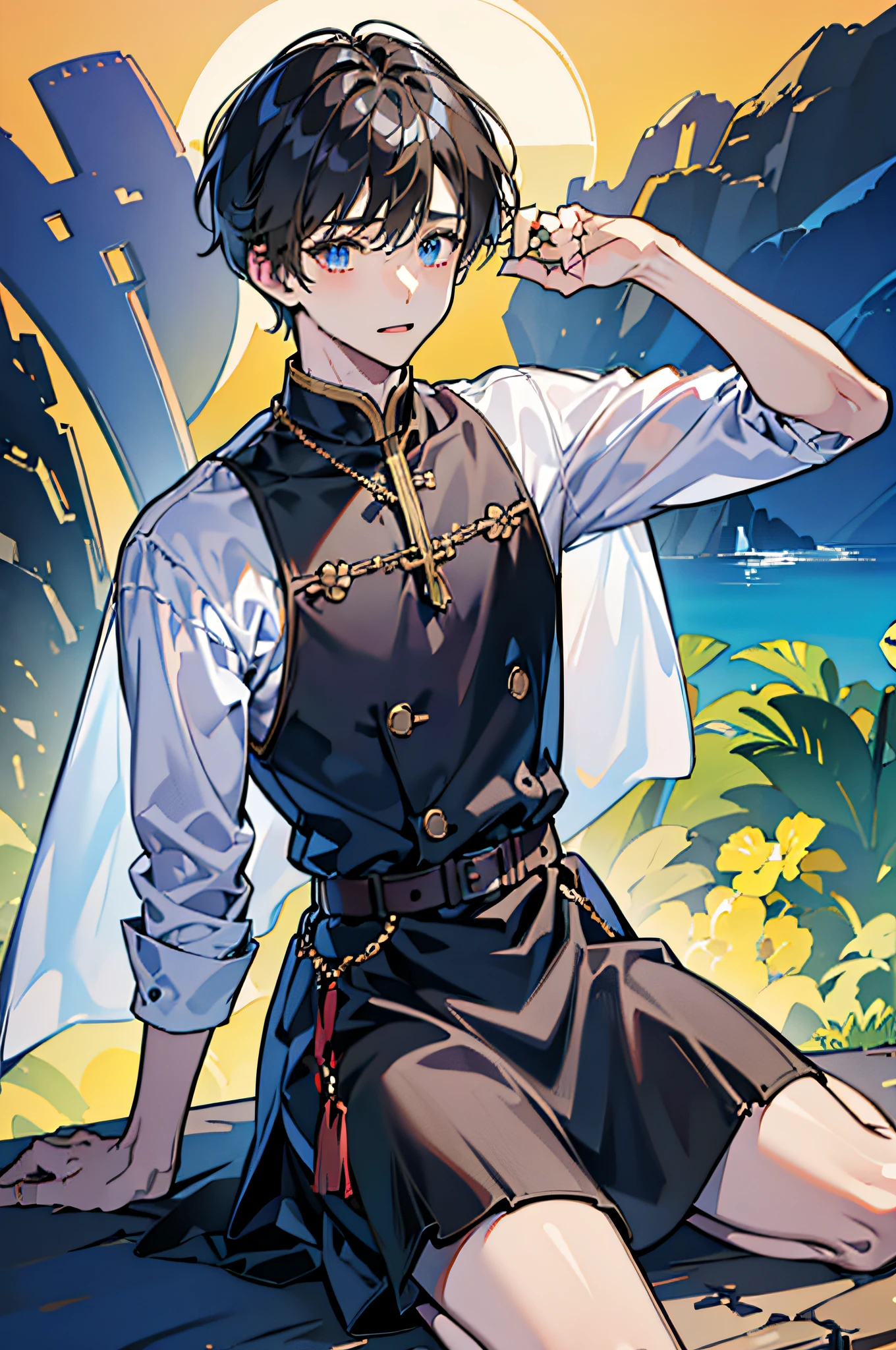 (in 8K、top-quality、​masterpiece:1.2)、1 boy、short-haired、Hair short、Brown-skinned、Blue View、