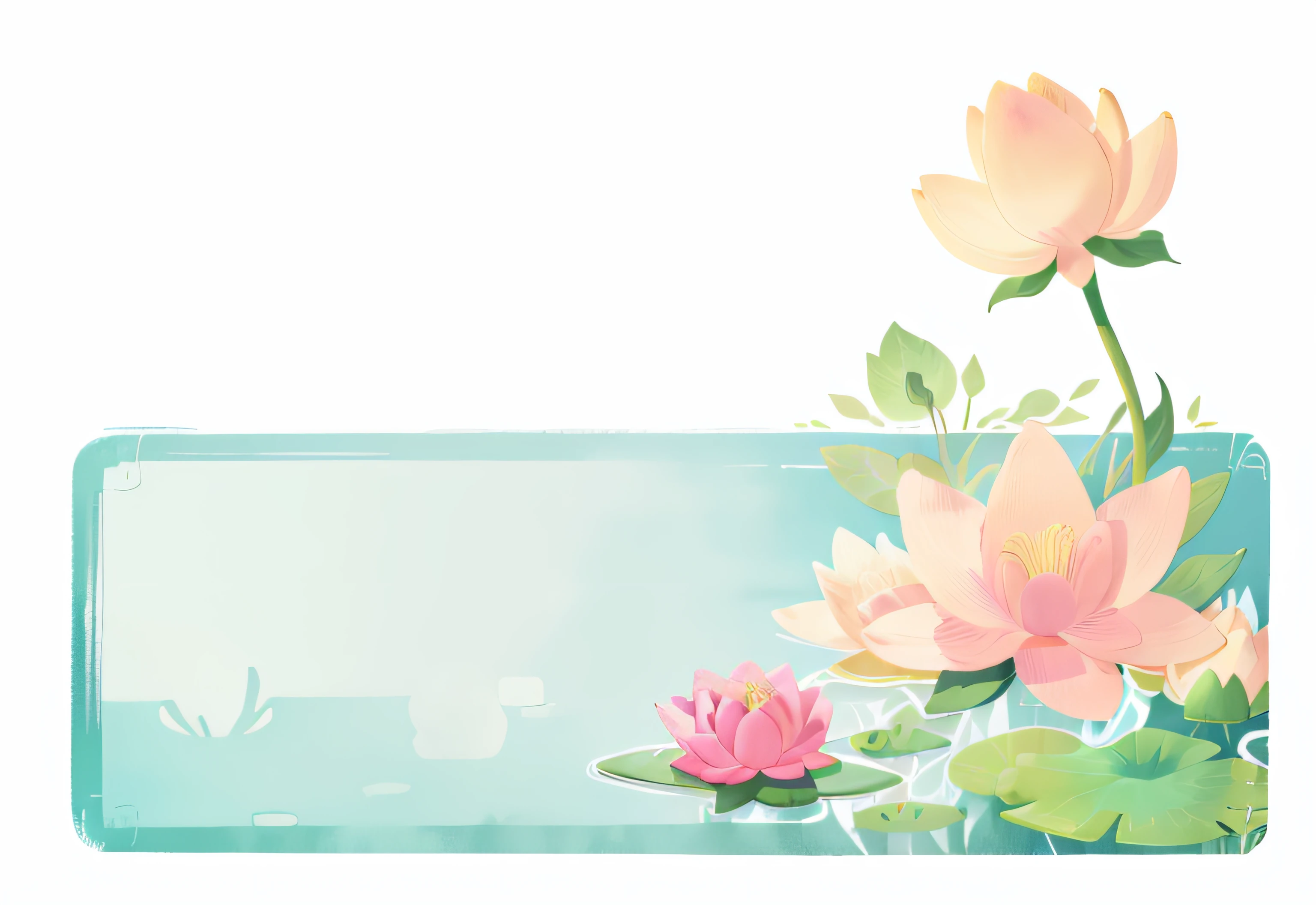 There is a glass vase,Inside there are flowers on a white background, clematis theme banner, website banner, japanese related with flowers, Lotus, with lotus flowers, lotus petals, lotuses, lotuses, Banner, serene illustration, stylized border, Lotus pond, turquoise pink and green, Pink Lotus Queen, inside stylized border, pastel flowery background