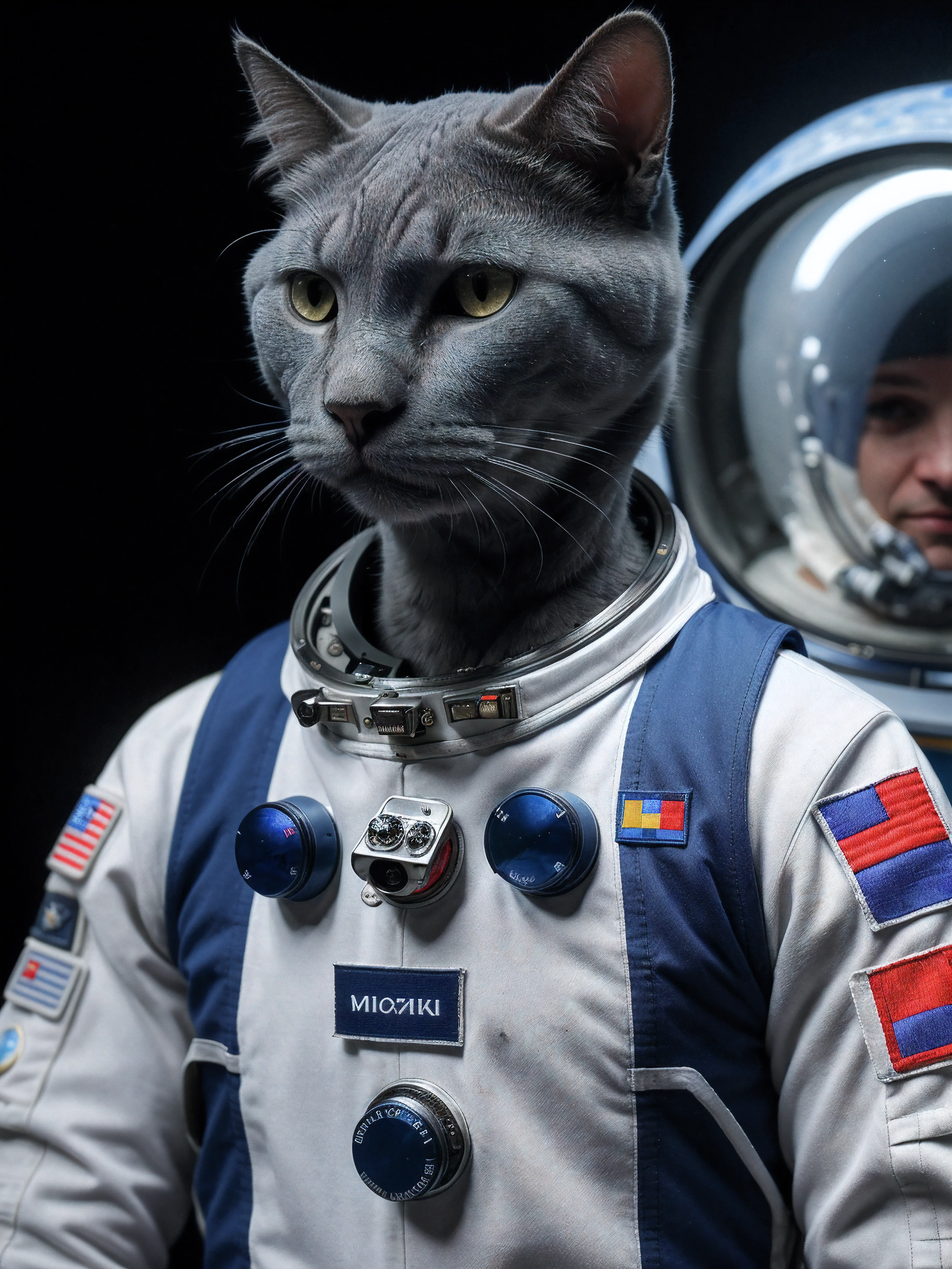 Russian blue cat dressed as an astronaut with a patch on the right shoulder of the Argentine flag space suit walked dramatically towards a spaceship (8k, RAW photo, best quality, masterpiece:1.2), (realistic:1.3), (photorealistic:1.3), ultra-detailed, (high detailed skin:1.2), 8k uhd, dslr, soft lighting, high quality, film grain, Fujifilm XT3, best quality, beautiful lighting