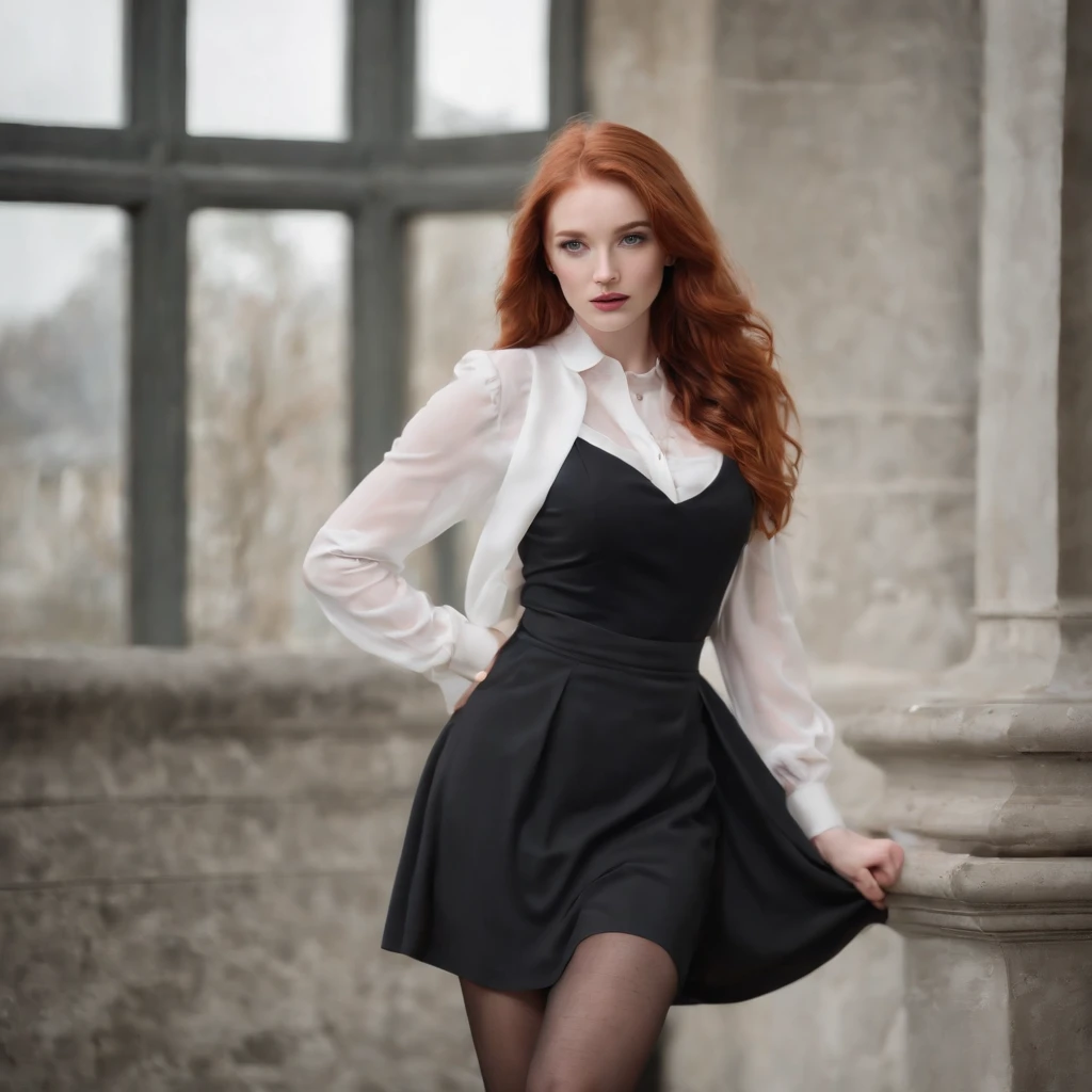 Redhead irish girl 21 years, long wavy hair, big tits, long sexy legs, black pantyhose, black skirt, black high heels, white blouse