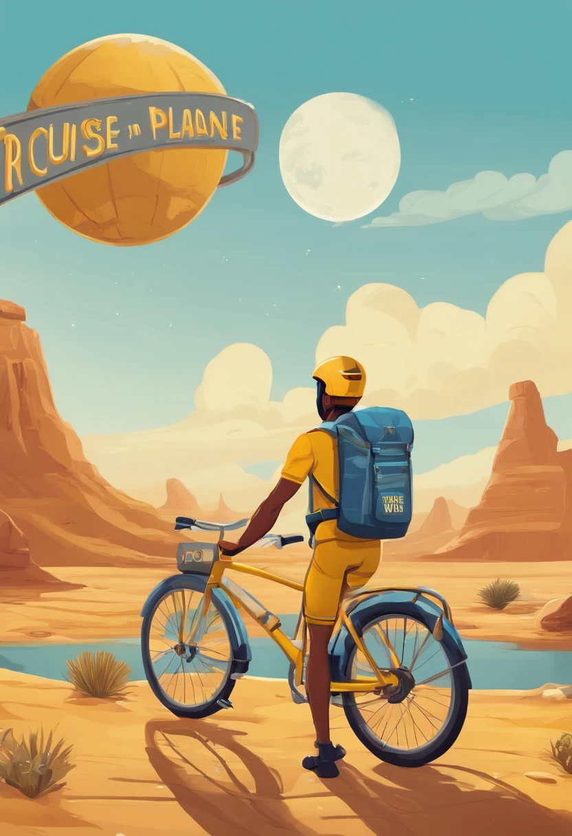 Courier with backpack on bicycle. He's on another planet. His clothes are in yellow and blue. In the foreground is a sign with the inscription. Made in cartoon style