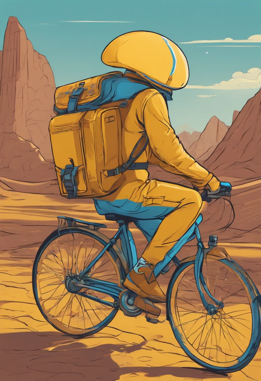 courier with a backpack on a bicycle. he is on another planet. his clothes are in yellow and blue colors. in the foreground is a sign with the inscription. made in cartoon style