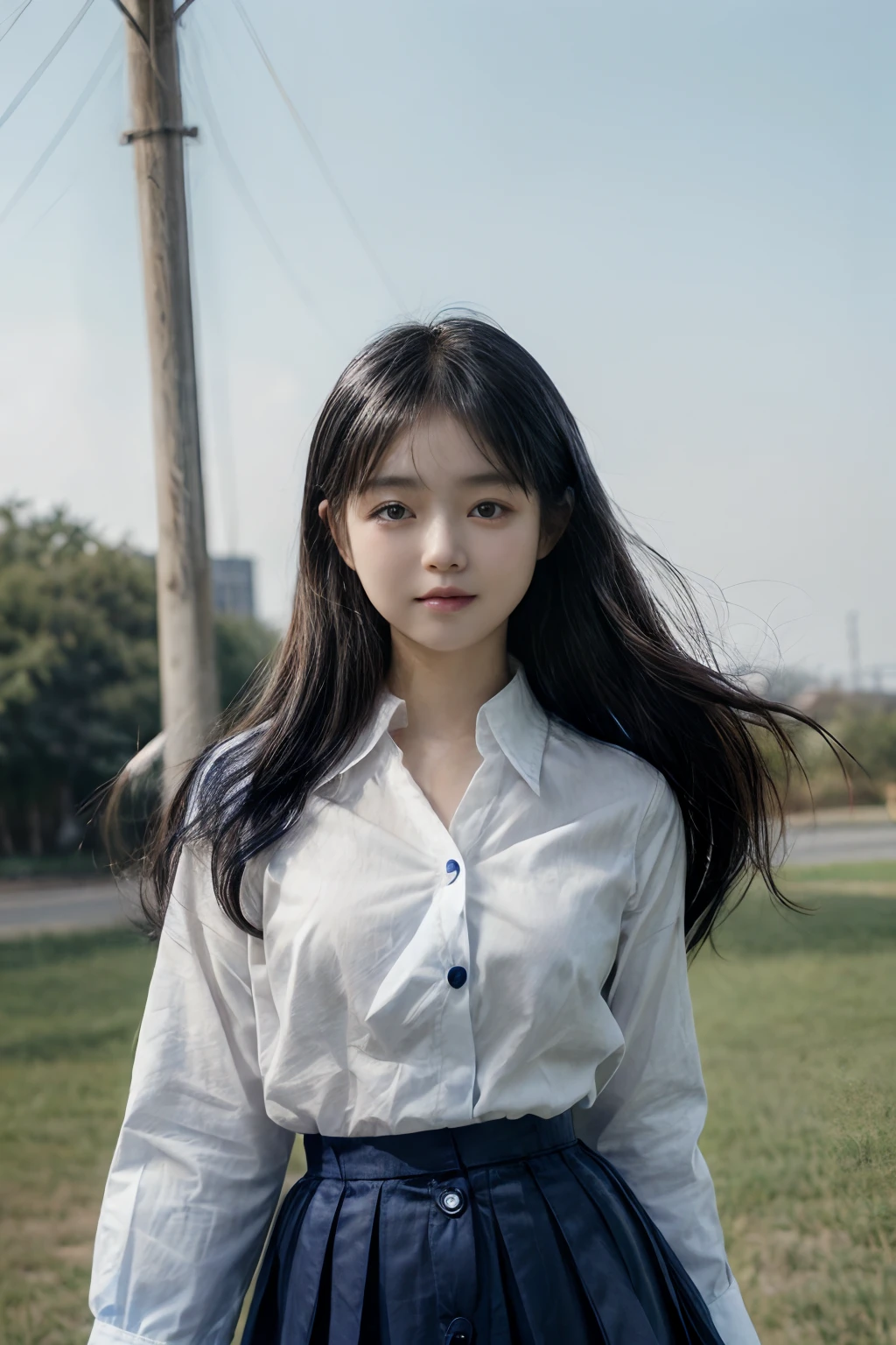masterpiece、8K、32K、top-quality、(A cute Japanese woman:1.1)、detail portrayal、1 girl in、elegent、pupils on、(White button-up shirt、Dark blue mini skirt:1.3)、blows wind、School Grounds、cowboy shot、ssmile、Angle from below