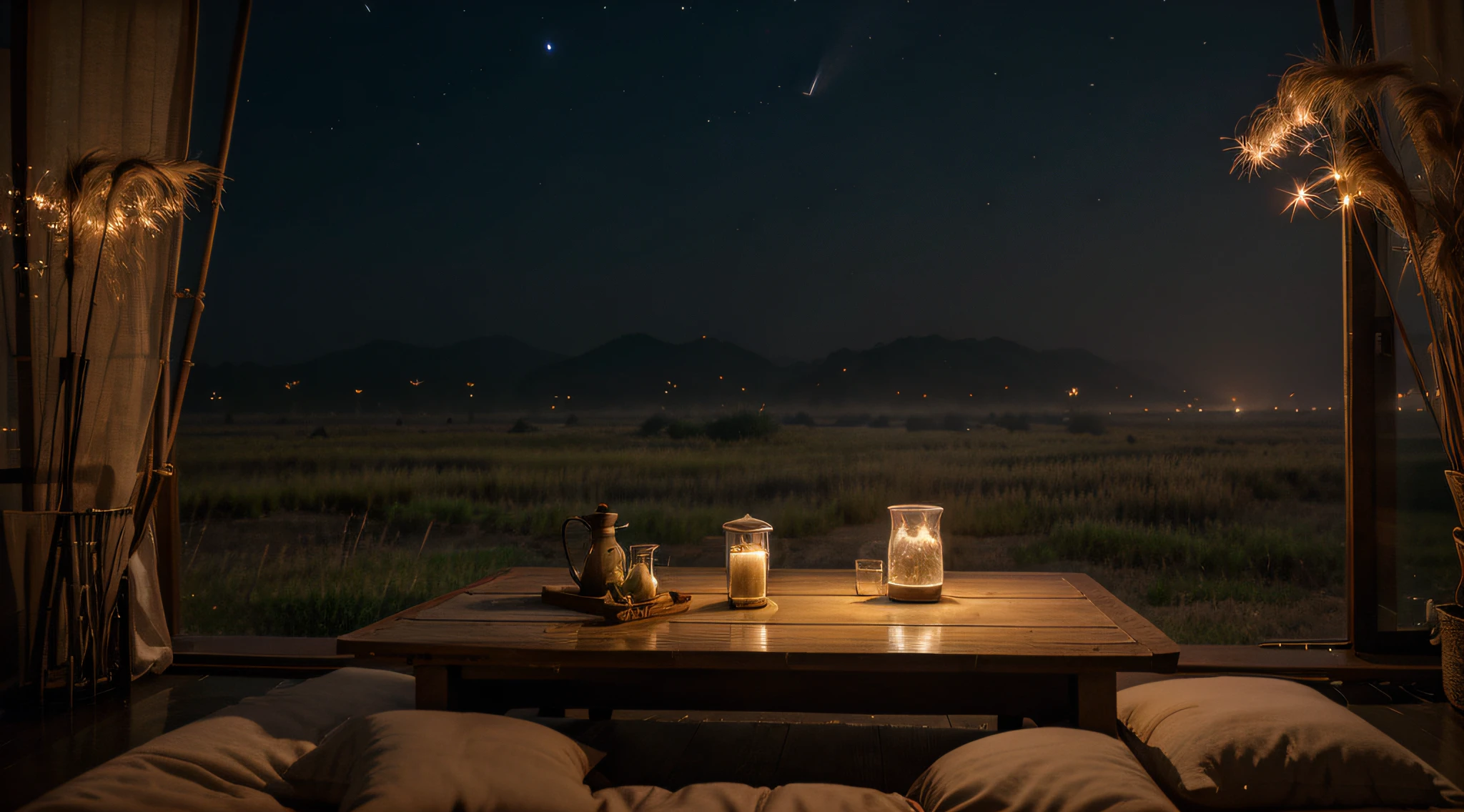 The Wide Plains of Korea, A flat bed in the middle of a field of reeds, Candles lit on a flat table, Tea on the table, Nightscape, haze, fireflies, deer, Thick fog