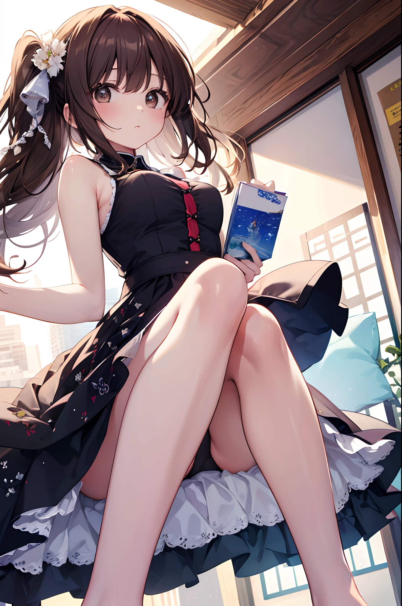 Hi-Res、​masterpiece、Chizuru Ichinose、Brown hair、Soio、Female one、Sunlight、Angle from below、Colorful underwear pattern、细致背景、A detailed eye、（（Brown-eyed））,Beautiful and perfect legs,