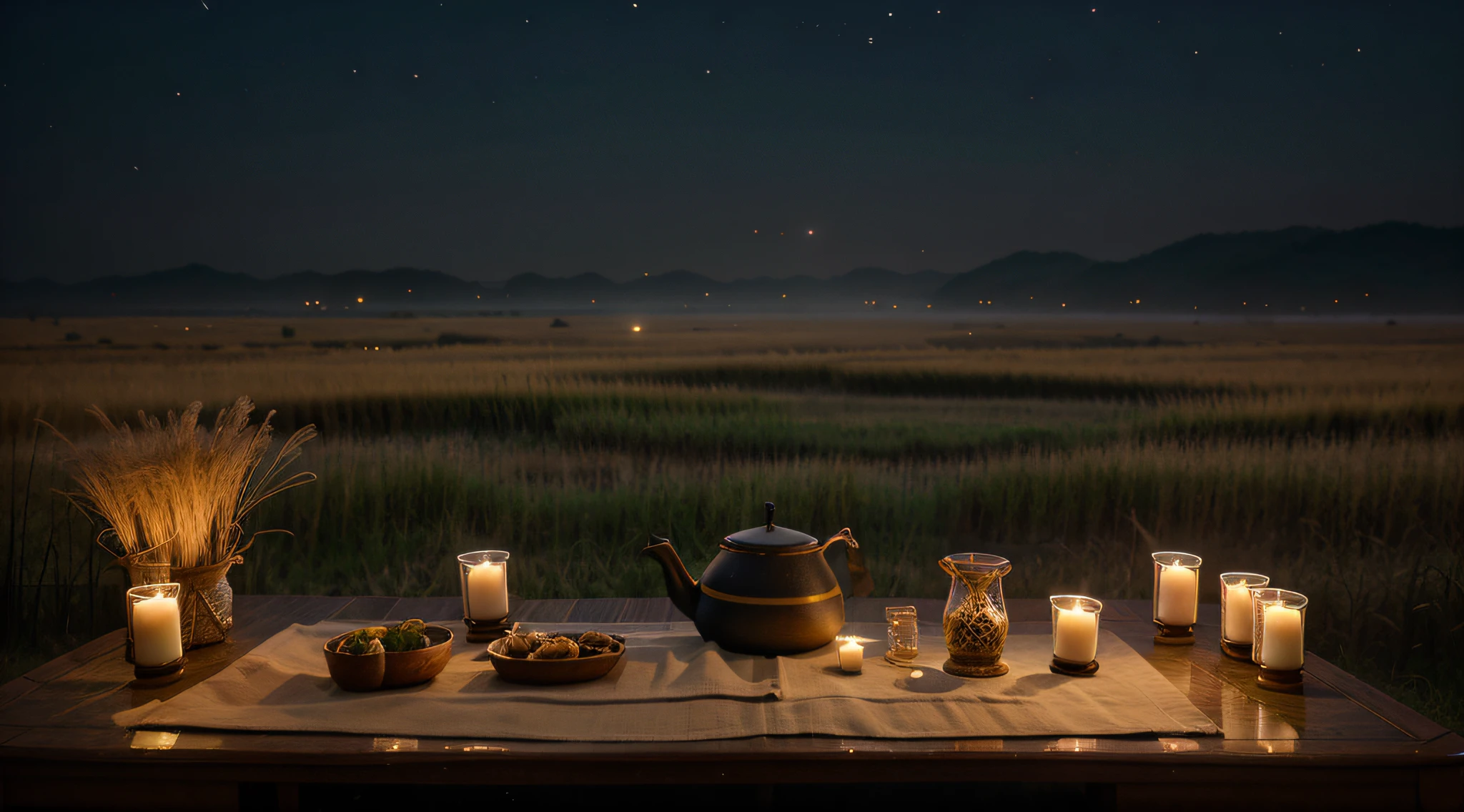 The Wide Plains of Korea, A flat bed in the middle of a field of reeds, Candles lit on a flat table, Tea on the table, Nightscape, haze, fireflies, deer, Thick fog
