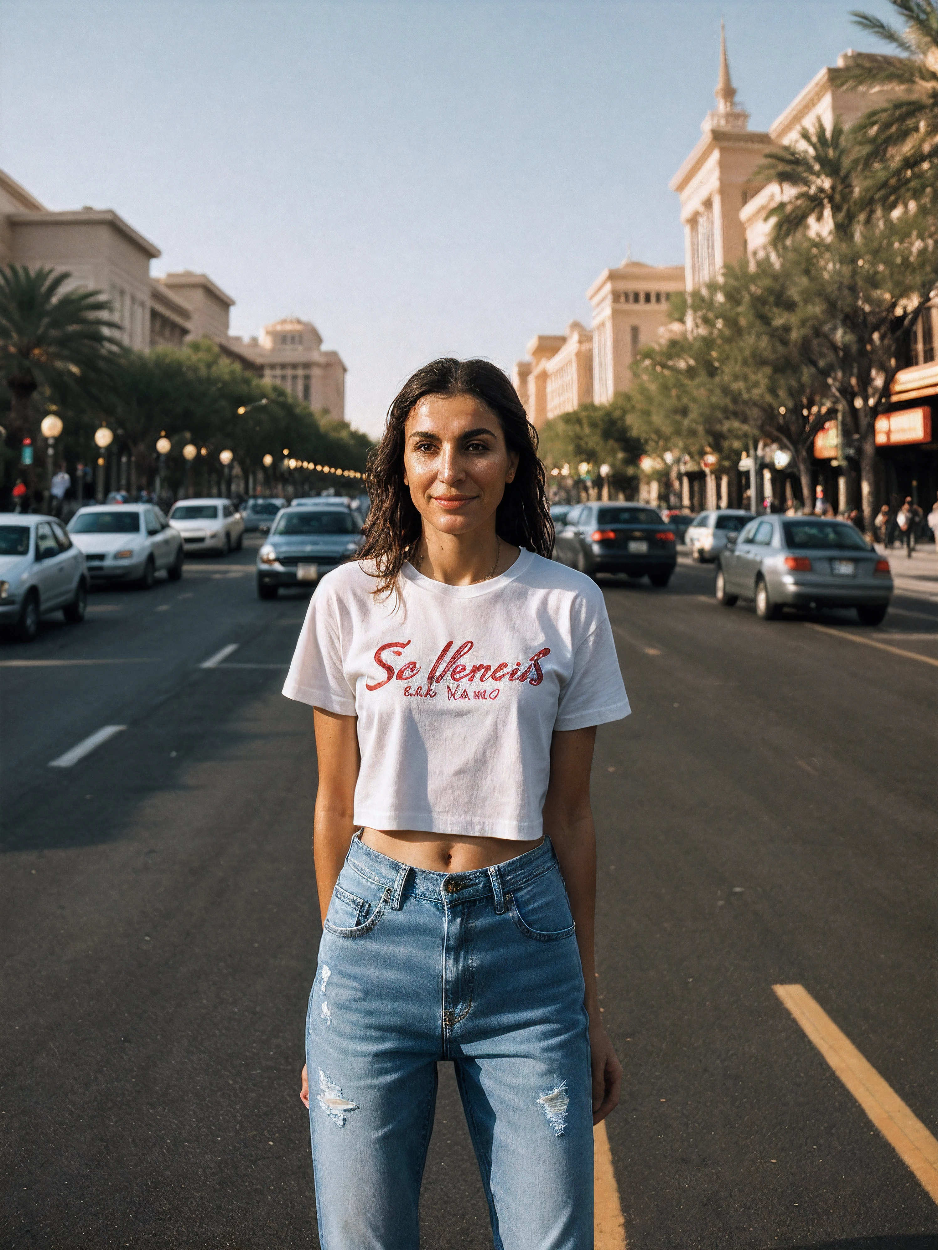 A stunning intricate full color portrait of a wet 37 year old shy Turkish woman, wearing White t-shirt, high-waisted jeans, and sneakers, Sparkling Las Vegas Strip, many spectators, epic character composition,by ilya kuvshinov, alessio albi, nina masic,sharp focus, natural lighting, subsurface scattering, f2, 35mm, film grain, golden hour