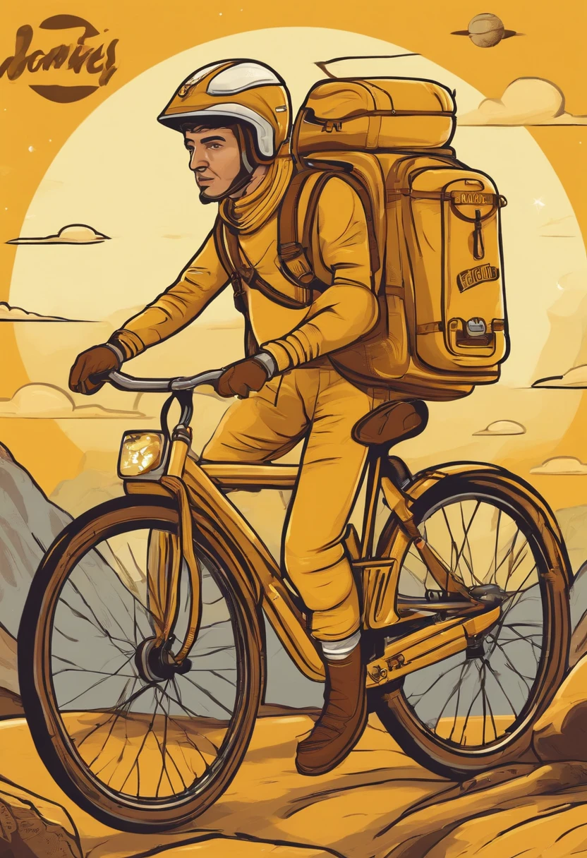 courier with a backpack on a bicycle. he is on another planet. his clothes are in yellow colors. in the foreground is a sign with the inscription. made in cartoon style