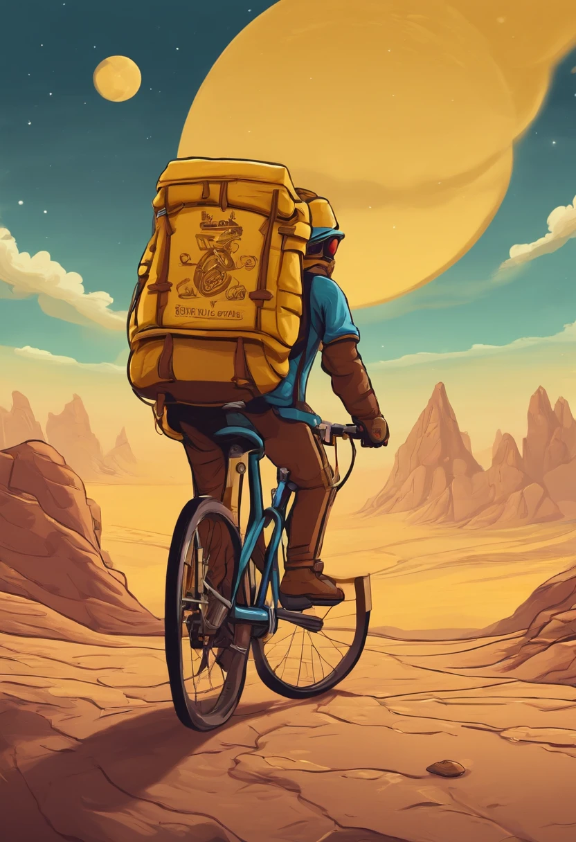 courier with a backpack on a bicycle. he is on another planet. his clothes are in yellow colors. in the foreground is a sign with the inscription. made in cartoon style