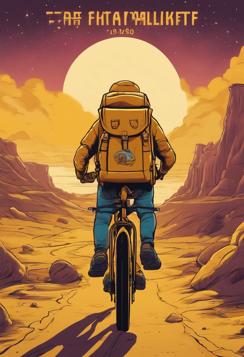 courier with a backpack on a bicycle. he is on another planet. his clothes are in yellow colors. in the foreground is a sign with the inscription. made in cartoon style