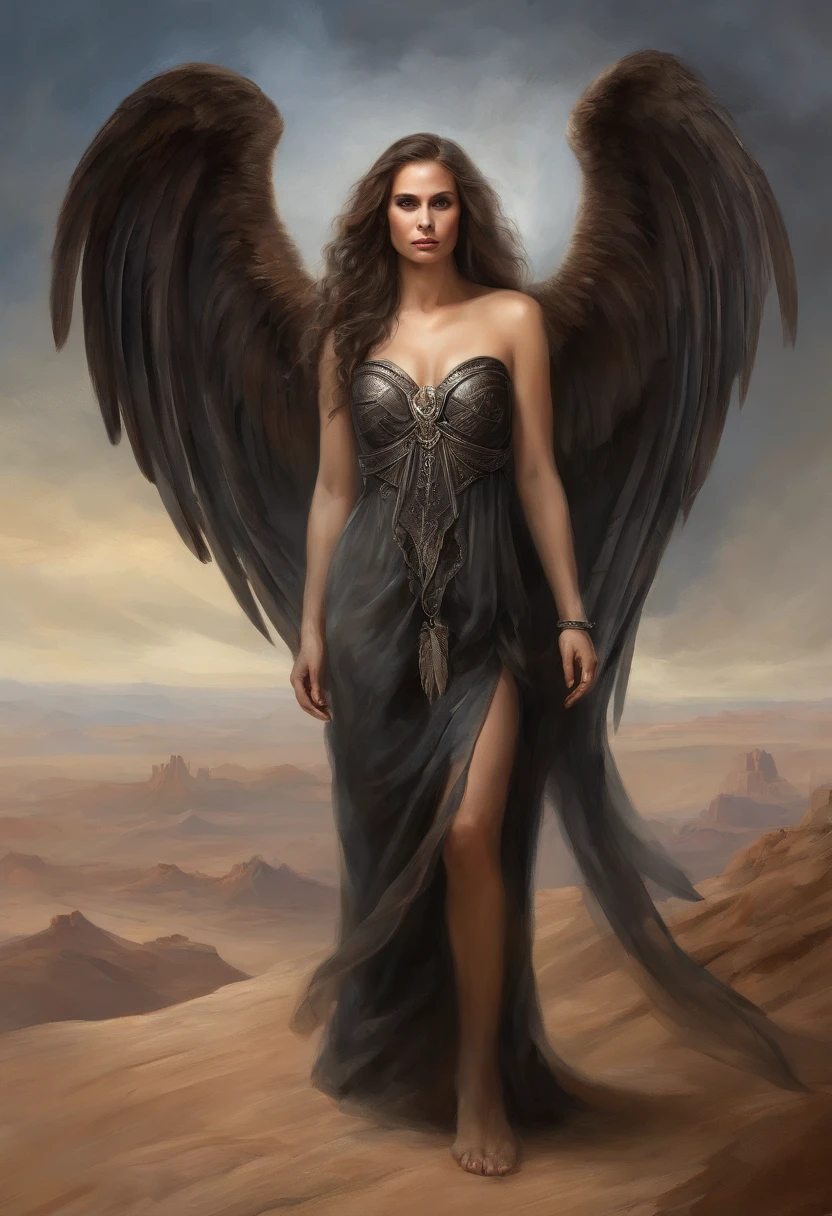 Arad woman with wings in desert landscape against sky background, Portrait of the Angel of Death, villainess has black angel wings, dark angel, gothic fantasy art, Goddess of Wrath, angel of death, dark fantasy art, angel in hell, Abaddon and Magali Villeneuve, female lord of change, Portrait of the Angel of Death