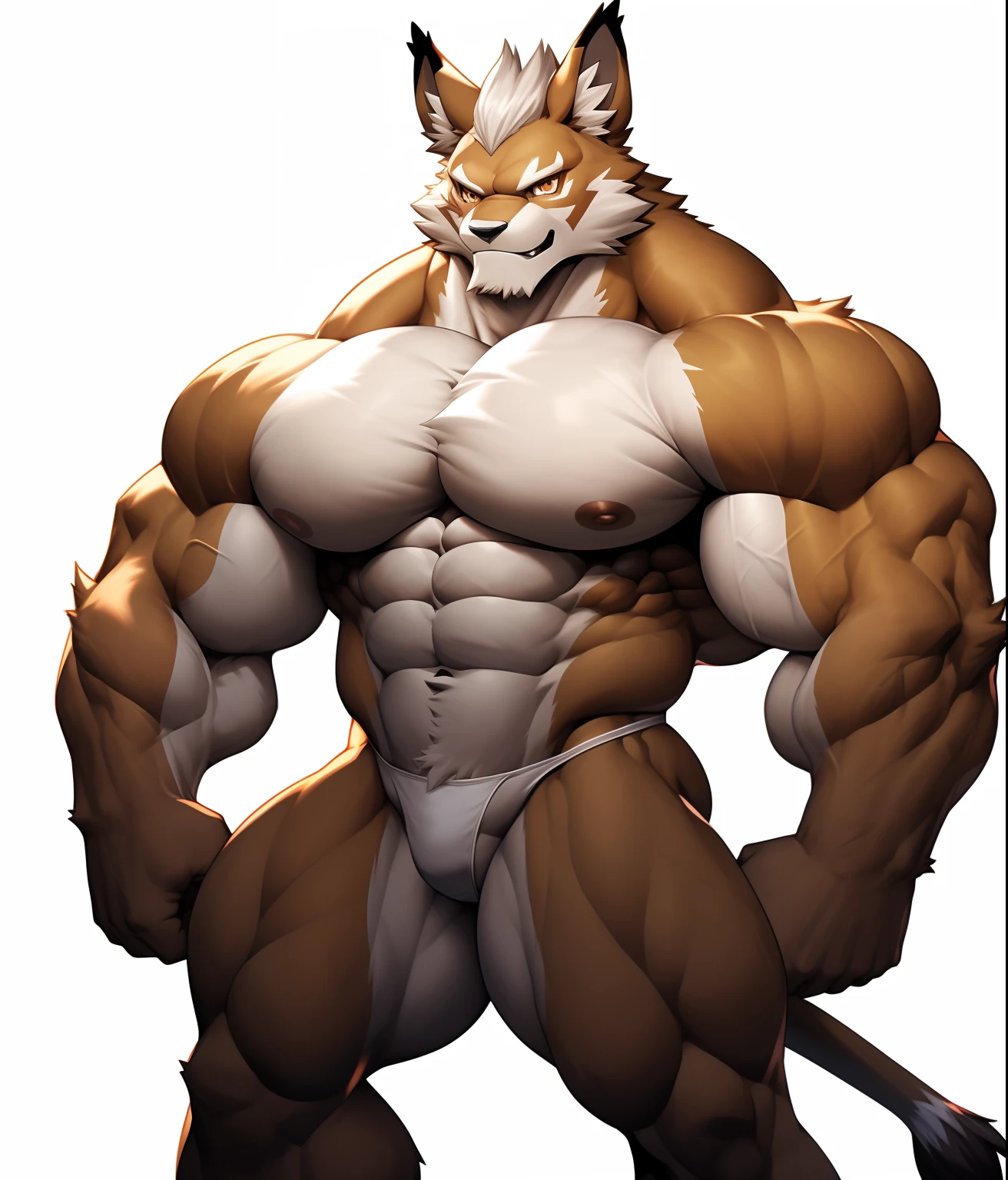 Competitive bodybuilder PRO, nj5furry, (Leomon,, Massive, huge, muscular, GigaChad), (((((white thong))))) Leomon, Young face, teenager, ((Extremely realistic shadows, Masterpiece, extremely detailed, photorealistic)), kemono, Looking at viewer, ((front)), murderous look, Leomon, ((Detailed face)) nose, amber eyes, ((detailed eyes)), dark brown skin, dark brown fur, brown hair, gray hair, height 3 meters tall, The optimal height, Tight clothing, 300 kg, Body full of huge muscles; muscular and bulging pecs, huge pecs, ((massive pecs)) ((huge pecs)) Ripped ABS, Eight abs, V-shaped body, narrow waist, long legs, Strong and manly arms, beautiful face, Attractive face type calm and cool with a mischievous smile, Topless. simple background, white background. Crotch bulge, She wears a small white thong that shows off huge, muscular thighs, (((She wears a very tight white thong))), bulging biceps. A muscular bodybuilder in the making. A potential PRO competitive bodybuilder and bulging neck. ((almost naked)) ((derriere)) huge, firm and muscular thighs, Round buttocks and round butt. ((Big buttocks))