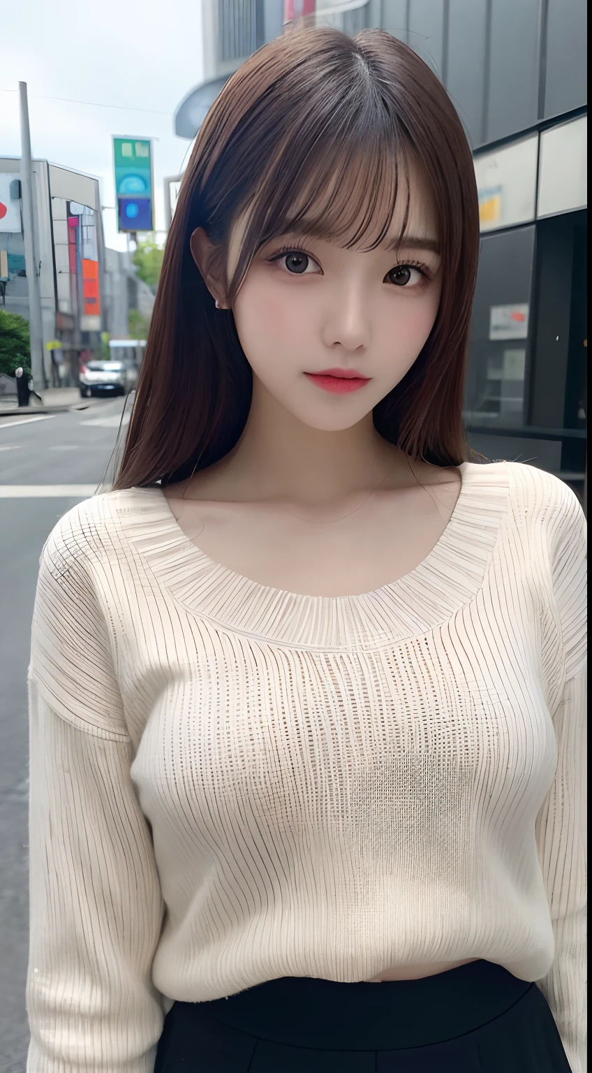 finely detail, hight resolution, hightquality、Perfect dynamic composition, Beautiful detailed eyes, Medium Hair, small tits、Natural Color Lip,Kamimei、Shibuya、20 years girl、1 persons、Transparent skin、Glowing hair、masutepiece, Best Quality, Illustration, Ultra-detailed, finely detail, hight resolution, 8K、The correct state of the human body、pretty pose,dishevled hair,beauty legs,Perfect beautiful face,KPOP Idol Face,Face that feels ecstasy,Pale white sweater(a miniskirt),Background blur