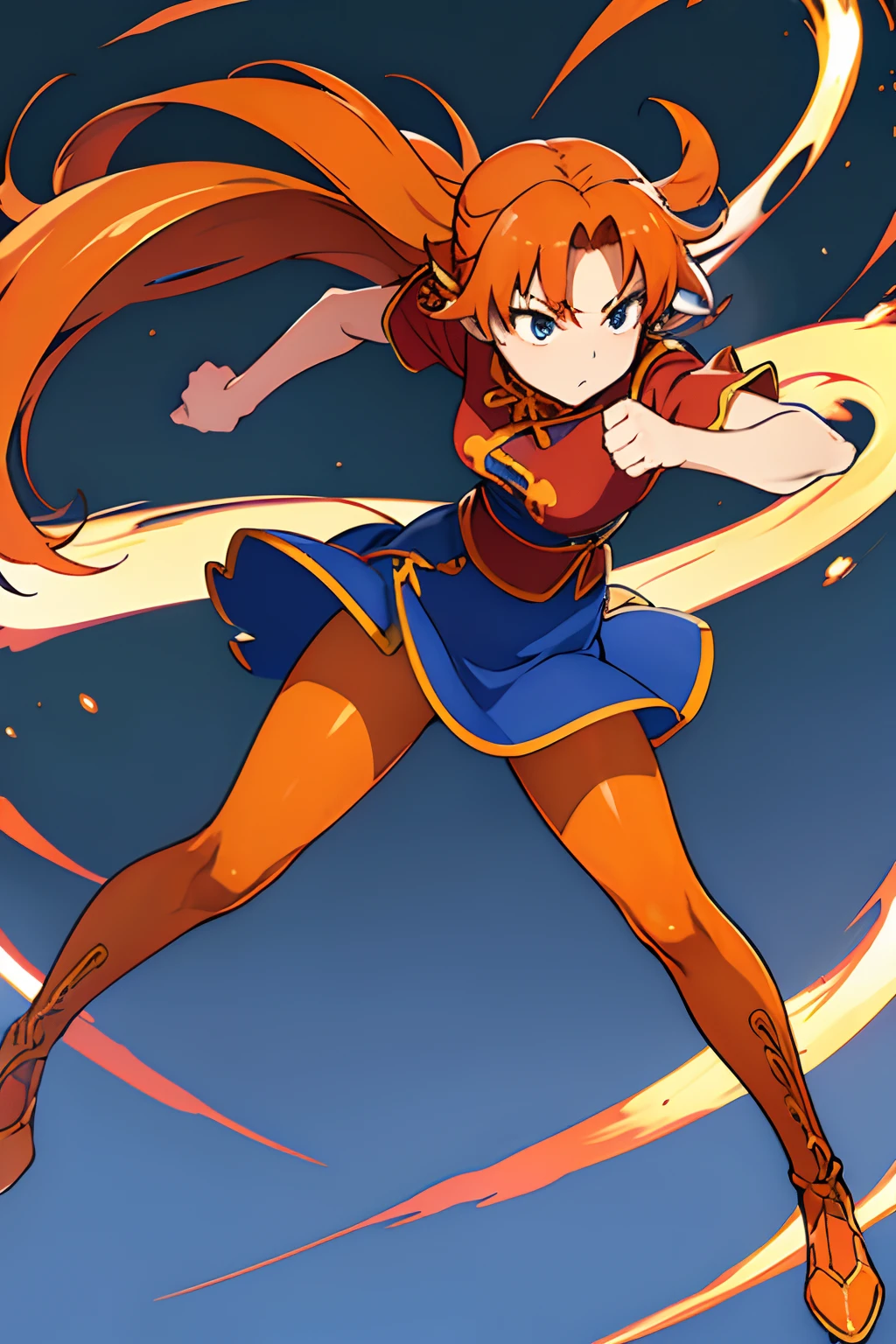 1girl in、hight resolution、​masterpiece、Maribel、A slender、skinny thigh、Short stature、Orange hair、Blue cheongsam、pantyhose、Attack with your fists、Fighting