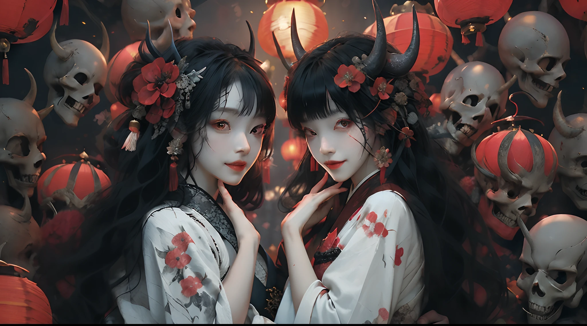 (Masterpiece:1.2), a pregirl,Best quality,Pisif,Chinese horror,lanterns,skelleton,Ghosts,Black hair, period costume, Hanfu,1girll, hair adornments, Horns, Sitting, flower, period costume,Red eyes, hair flower, Earrings, long whitr hair, haori, jewelry, Own hands together, nipple tassels, Wide sleeves, Red eyes, Closed mouth, Long sleeves, Hanfu, Black period costume,bangs, Smile