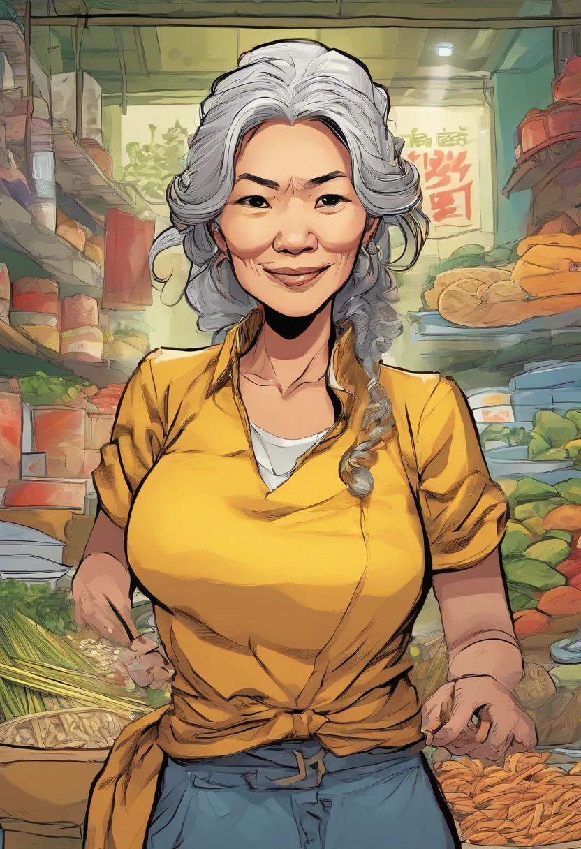 A Vietnamese woman in her 60s who is a noodles seller, with salt-and-pepper hair, a thin figure. She is wearing casual clothes in warm colors, and is 1.6 meters tall. Her figure and face show clear signs of difficult personality. has a fierce temper, and always curses others She is wearing golden bracelets. cartoon art. in front view. true body scale. she is angry and staring at someone. using comic effect