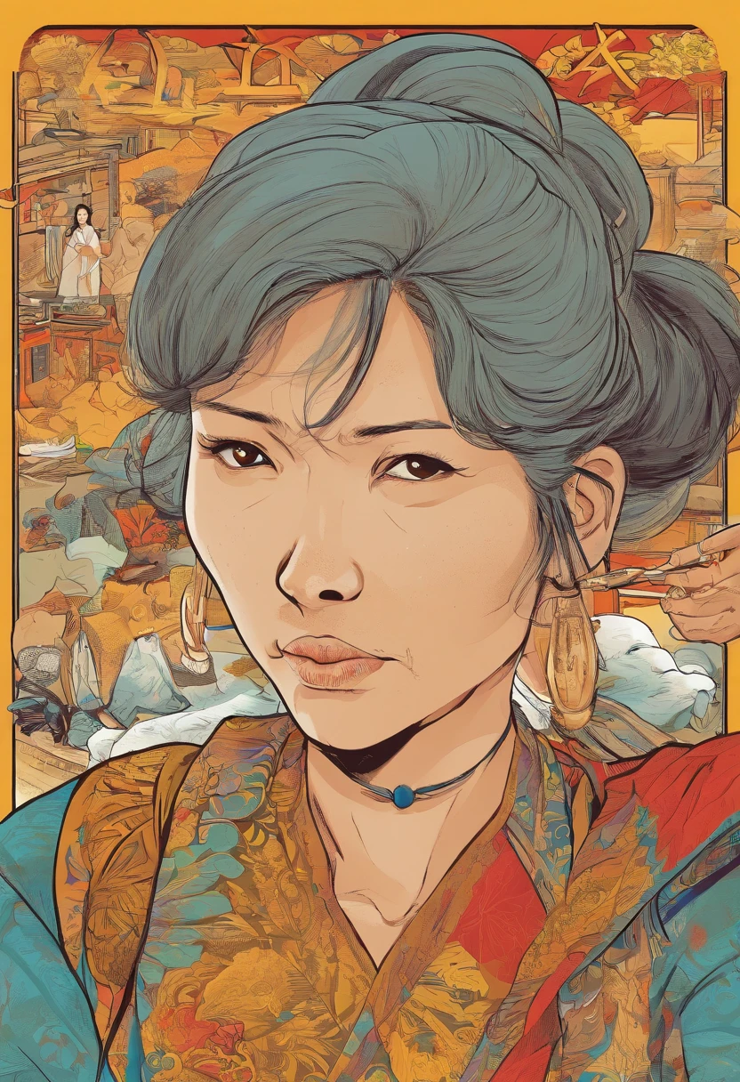 A Vietnamese woman in her 60s who is a noodles seller, with salt-and-pepper hair, a thin figure. She is wearing casual clothes in warm colors, and is 1.6 meters tall. Her figure and face show clear signs of difficult personality. has a fierce temper, and always curses others She is wearing golden bracelets. cartoon art. in front view. true body scale. she is angry and staring at someone. using comic effect
