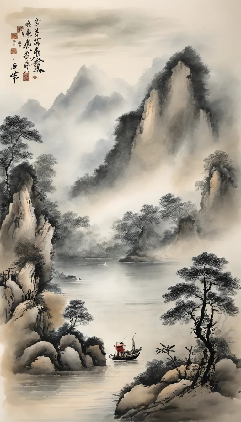 Chinese landscape painting,ink and watercolor painting,water ink,ink,Smudge,Faraway view,Ultra-wide viewing angle,Meticulous,Light boat in the distance,Faraway view,Meticulous,Smudge,low-saturation,Low contrast,The light boat has crossed the Ten Thousand Heavy Mountains,Beautifully depicted,A detailed,acurate,Works of masters,tmasterpiece