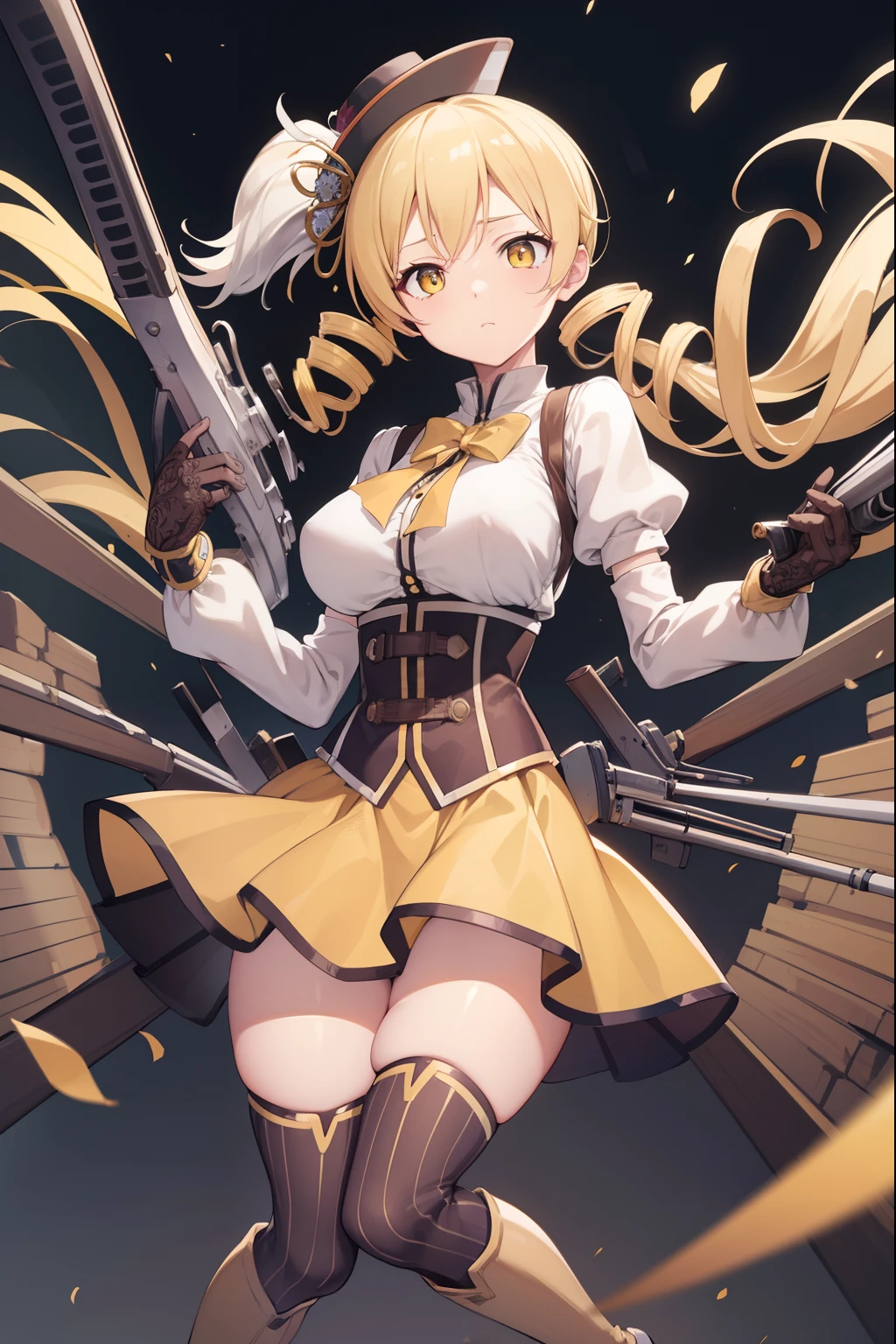 A young girl of big sister type. She had big jugs, covered by yellow armor.
A yellow skirt that reached down her thighs. And black thigh-high-sock covering her thighs leaving a little bit of skin between her sock and skirt for display.
She had silver long hair tied in braids making her look lovely and charming.