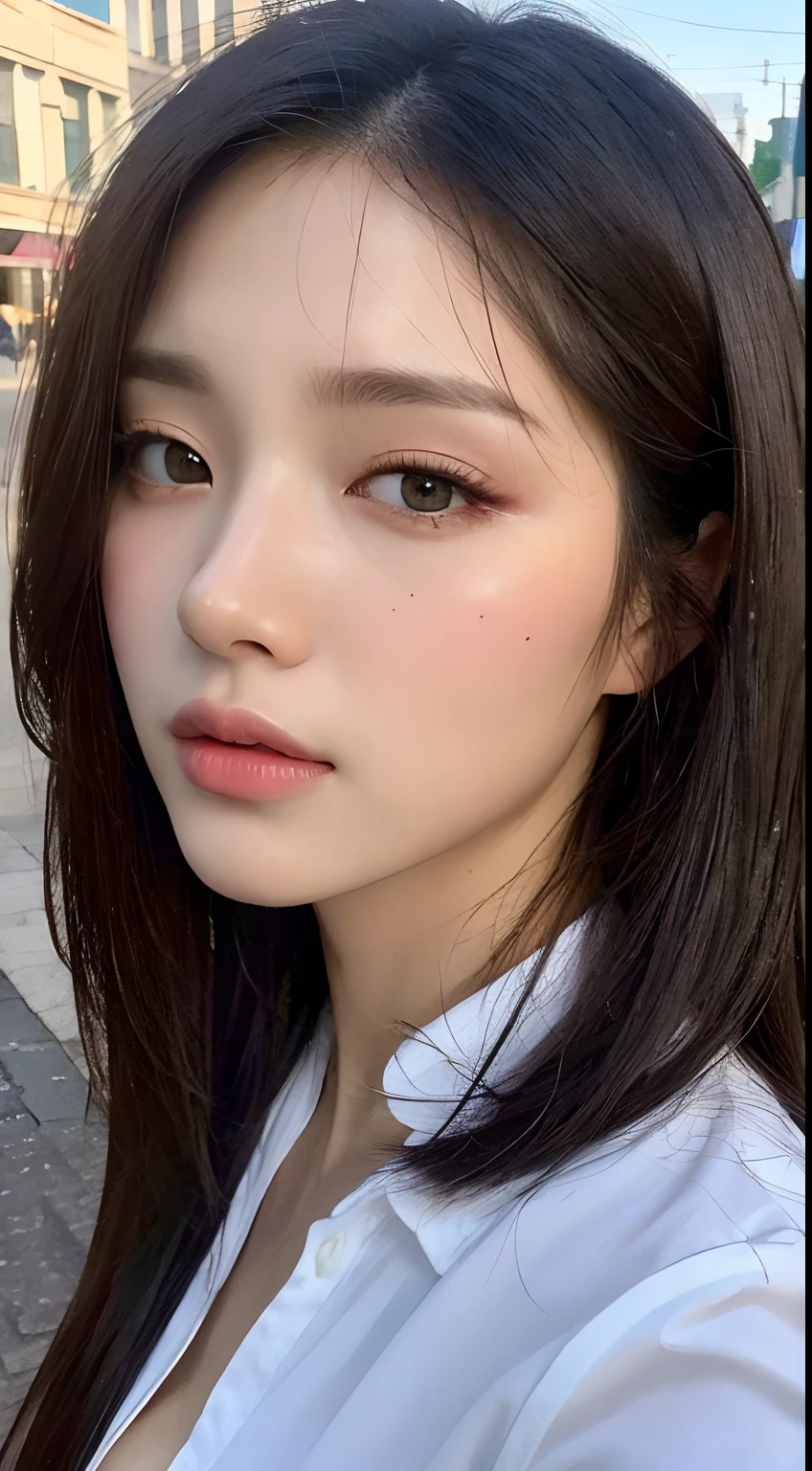 ((Best Quality, 8K, Masterpiece: 1.3)), Sharp: 1.2, Perfect Body Beauty: 1.4, Slim Abs: 1.2, ((Layered Hairstyle, Big Breasts: 1.2)), (Wet White Button Long Shirt: 1.1), (Rain, Street: 1.2), Wet: 1.5, Highly detailed face and skin texture, detailed eyes, double eyelids, side face looking at the camera