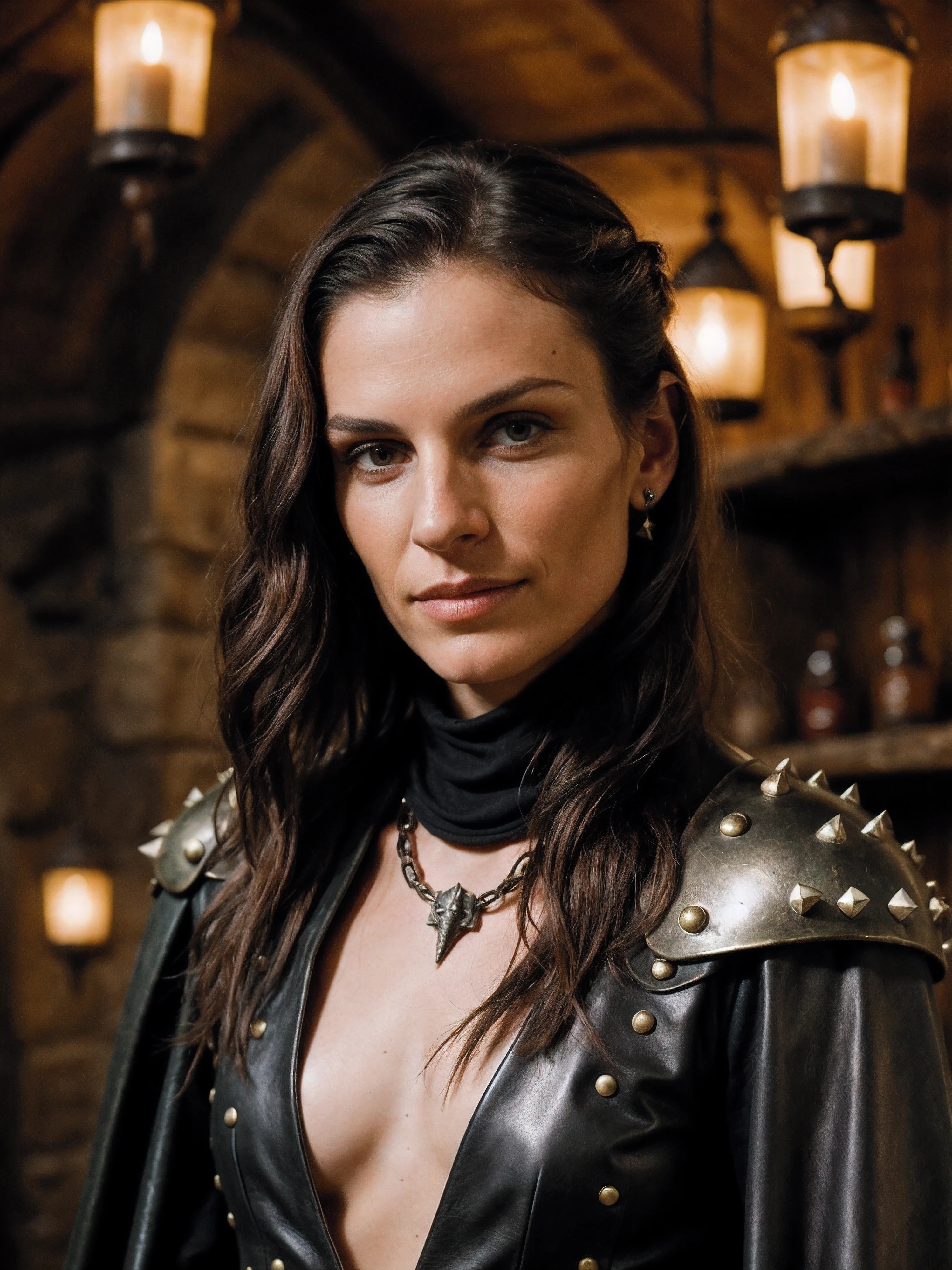 ((best quality)), ((masterpiece)), (detailed), perfect face, Create an image of a stoic gothic female witcher, her long, dark hair cascading down her shoulders, her pale skin and piercing eyes hinting at her otherworldly origins. Her black leather armor, adorned with silver accents, reflects her skills as a monster hunter.