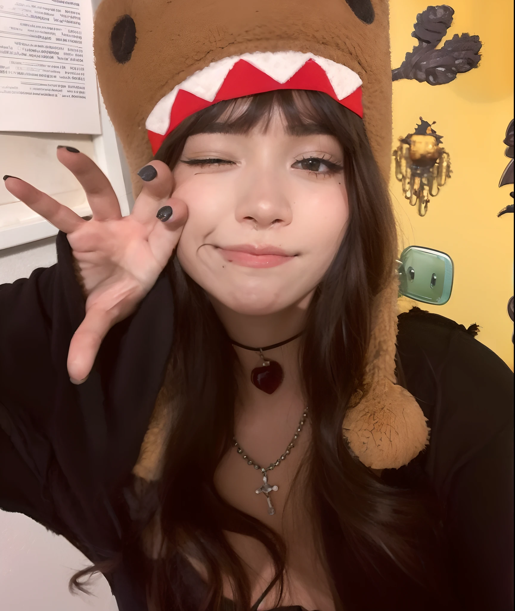 araffe wearing a brown hat, profile image, profile pic, wearing a chocker and cute hat, cute, anime vibes, inspired by Taiyō Matsumoto, it's wearing a cute little hat, 8K, Top Quality, Intricate Details, Ultra Detail, Ultra High Resolution, Cinematic, Photorealistic, Perfect, Perfect skin, Perfect face, Perfect body, Masterpiece, Art, Beauty, makeup