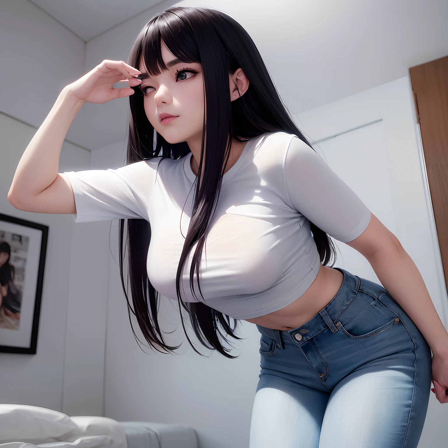 Alafi Asian woman in jeans posing in room, wearing tight simple clothes, Realistic anime 3 D style, Realistic art style, Fully clothed. painting of sexy, IG model | Art germ, Tight shirt, Realistic art style, realistic shadow perfect body, wearing tight shirt, in a white shirt, dressed in a white t-shirt, Style Artgerm