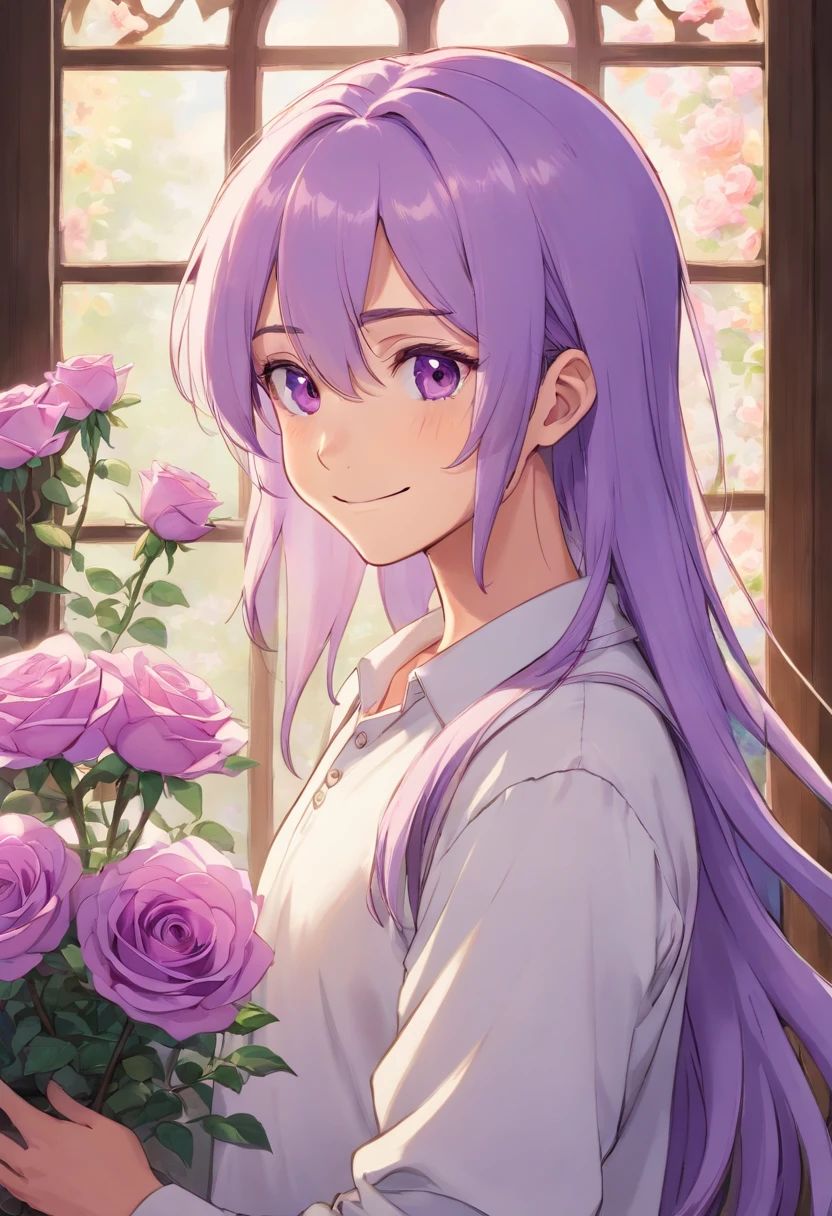comfortable smile,man,be looking straight ahead,solo,long white&purple hair, purple eyes, white shirt, upper body, holding mauve roses, fantasy beautifully lit window,man,male,masterpiece