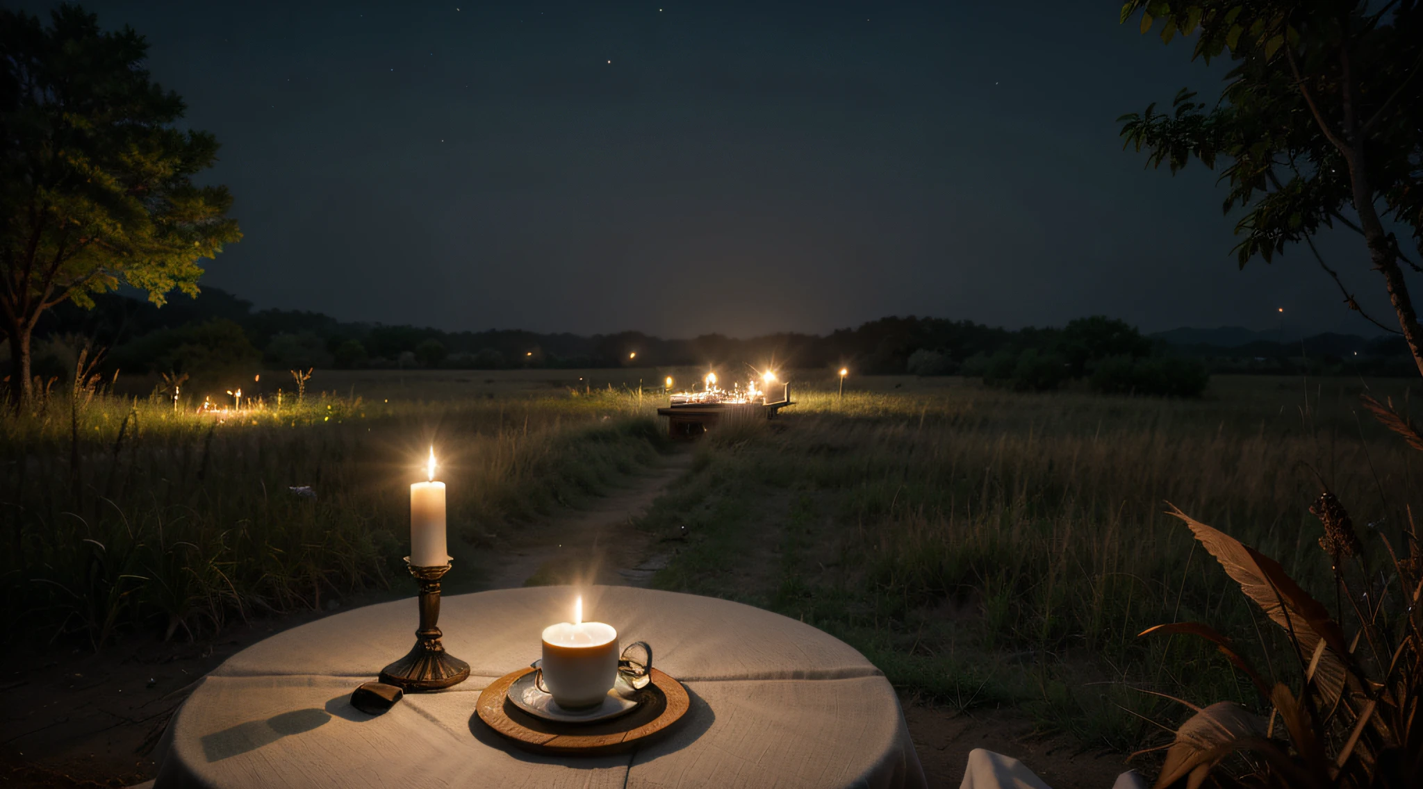 Angle from the sky, The Vast Plains of Korea, Flat bed in the middle of a reed bed, Candles lit on a flat table., Tea on the table, night scene, haze, Fireflies, deer, thick fog