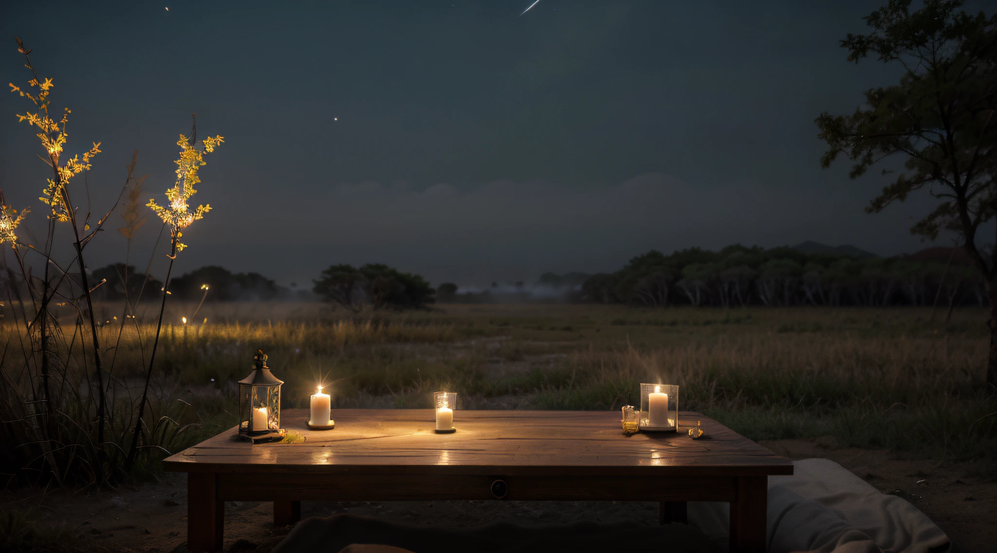 Angle from the sky, The Vast Plains of Korea, Flat bed in the middle of a reed bed, Candles lit on a flat table., Tea on the table, night scene, haze, Fireflies, deer, thick fog