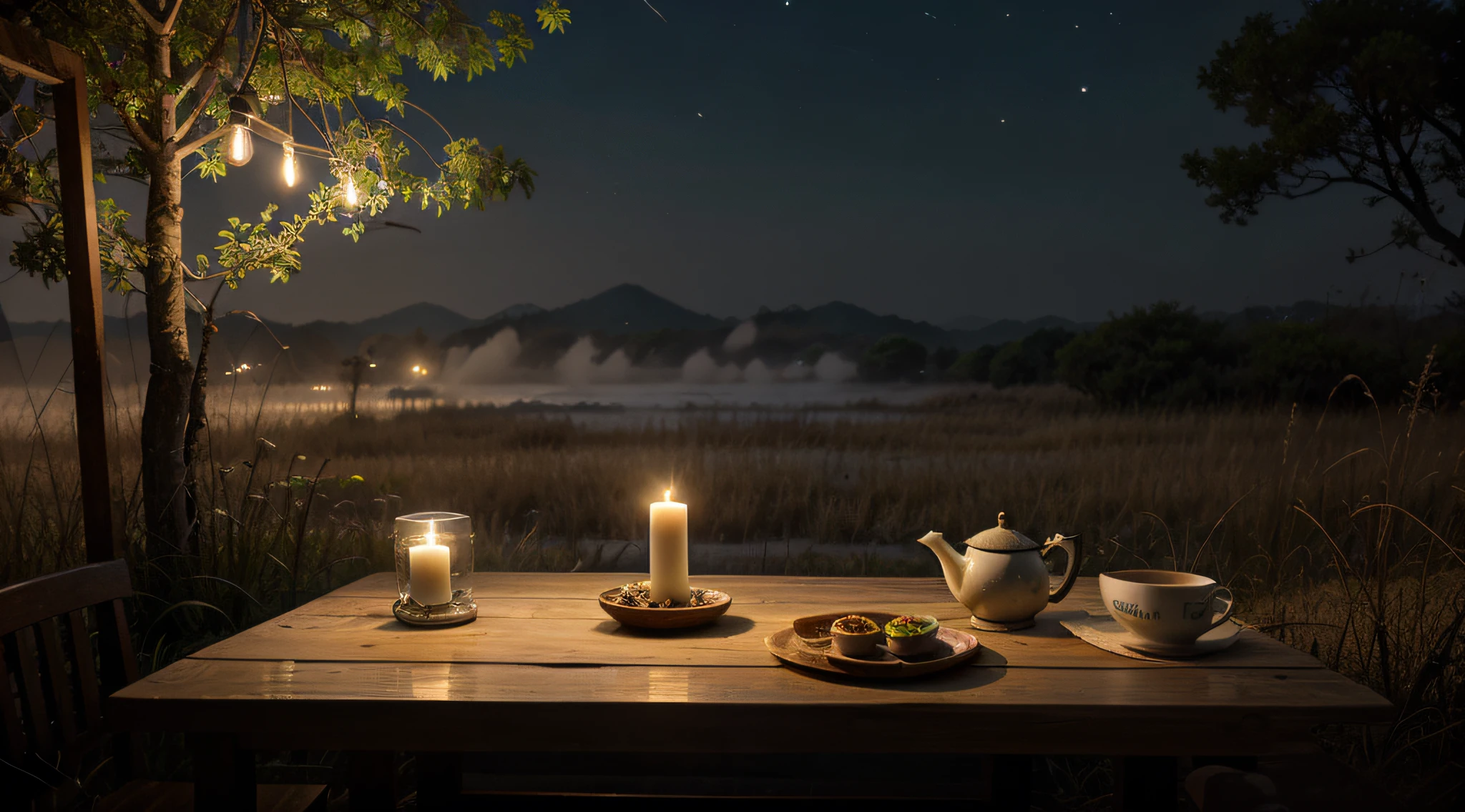 Angle from the sky, The Vast Plains of Korea, Flat bed in the middle of a reed bed, Candles lit on a flat table., Tea on the table, night scene, haze, Fireflies, deer, thick fog