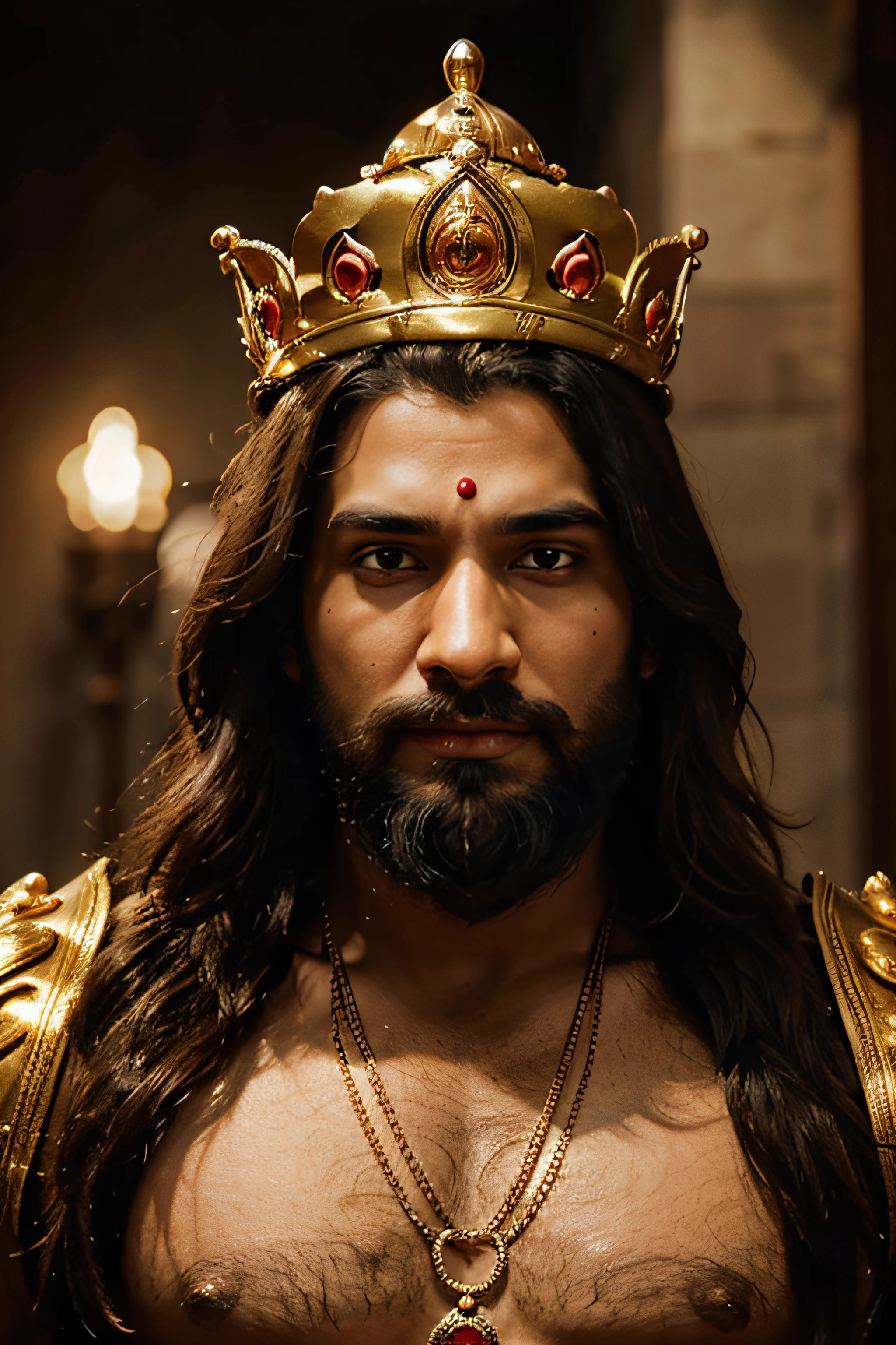 lord brahma has three faces, a beard and different golden crowns on all the three face realistic and 4k imag